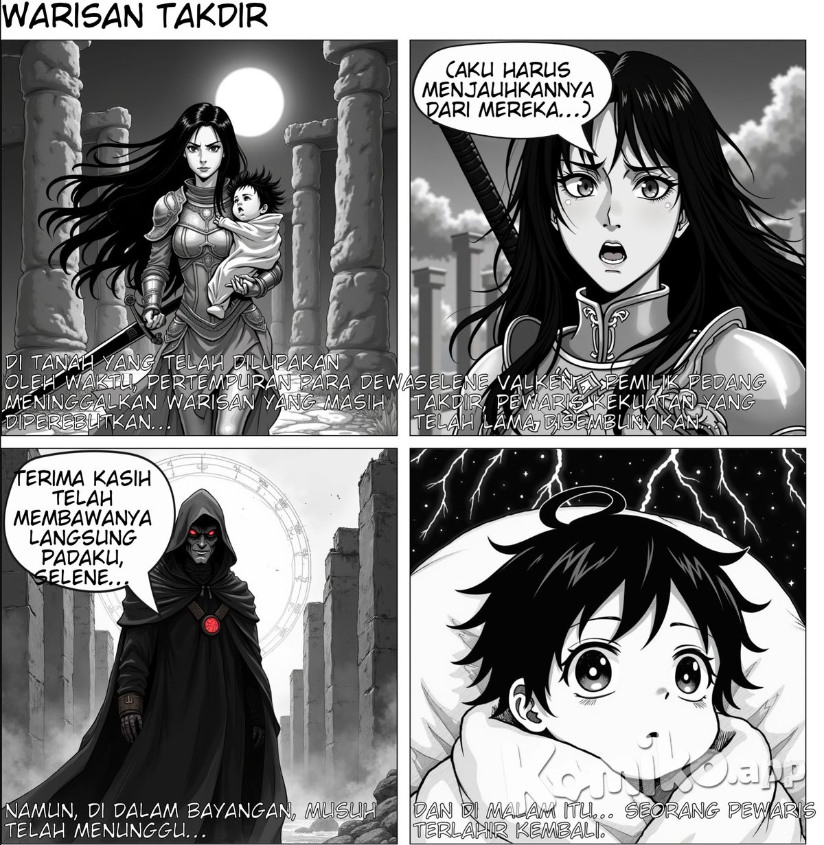 Judul: Warisan Takdir  Chapter 1: Permulaan Sang Pewaris  [Halaman 1: Prolog - Malam Pengkhianatan]  Panel 1 (Wide shot, sudut tinggi)  (Adegan: Malam yang kelam di reruntuhan kuno. Bulan bersinar terang di langit, menerangi puing-puing batu raksasa yang tertutup lumut.) Narasi: "Di tanah yang telah dilupakan oleh waktu, pertempuran para dewa meninggalkan warisan yang masih diperebutkan..."  Panel 2 (Close-up, fokus pada jejak kaki di tanah berbatu)  (Seseorang berlari dengan langkah terburu-buru, tanah retak karena tekanan yang kuat.)  Panel 3 (Medium shot, tampak belakang seorang wanita berambut panjang, Selene Valken, berlari dengan seorang bayi dalam pelukannya.)  (Dia mengenakan zirah ringan dan membawa sebuah pedang di punggungnya.) Narasi: "Selene Valken... Pemilik Pedang Takdir, pewaris kekuatan yang telah lama disembunyikan..."  Panel 4 (Close-up wajah Selene, keringat bercucuran, tatapannya penuh tekad.)  Selene (dalam hati): "Aku harus menjauhkannya dari mereka..."  [Halaman 2: Pengkhianatan di Reruntuhan]  Panel 5 (Wide shot, memperlihatkan reruntuhan kuno yang disebut ‘Zodiak Leo’. Pilar-pilar besar berdiri tegak, meskipun beberapa sudah runtuh.)  (Siluet sosok misterius berdiri di tengah reruntuhan.) Narasi: "Namun, di dalam bayangan, musuh telah menunggu..."  Panel 6 (Medium shot, Kael Valken—suami Selene—terluka parah dan berlutut di tengah reruntuhan.)  (Darah mengalir dari bahunya, tetapi tangannya masih erat menggenggam sebuah buah tiga warna yang berpendar.) Kael: "Selene... Ardyn harus menerima ini... dia adalah satu-satunya harapan kita..."  Panel 7 (Close-up tangan Kael yang menyerahkan buah kepada Selene, sementara di belakangnya, sosok misterius mendekat.)  (Cahaya bulan menerangi wajah musuh—seorang pria bertudung hitam dengan mata merah.)  Panel 8 (Wide shot, ledakan energi terjadi! Selene melompat mundur sambil melindungi bayinya.)  SFX: BOOM!  Panel 9 (Close-up wajah musuh yang menyeringai.)  Musuh: "Terima kasih telah membawanya langsung padaku, Selene..."  [Halaman 3: Pelarian]  Panel 10 (Medium shot, Selene berlari ke luar reruntuhan, membawa bayi Ardyn dalam dekapannya.)  Selene (dalam hati): "Aku tak akan membiarkan mereka menyentuhnya!"  Panel 11 (Wide shot, memperlihatkan langit malam yang mendung, petir menyambar di kejauhan.)  (Di kejauhan, seorang pria tua—kakek Ardyn—berdiri di atas bukit, mengenakan zirah berkilauan dengan motif petir.)  Panel 12 (Close-up wajah sang kakek, matanya tajam dan bersinar biru seperti kilat.)  Narasi: "Gaius Valken... Pemilik Zirah Dewa Petir..."  Panel 13 (Medium shot, Gaius mengangkat tangannya dan memanggil petir.)  SFX: ZAAAP!  Panel 14 (Wide shot, Selene melompat dari tebing, cahaya petir di belakangnya menyilaukan pandangan musuh.)  Panel 15 (Close-up wajah bayi Ardyn, yang perlahan membuka matanya, memperlihatkan kilauan cahaya misterius di pupilnya.)  Narasi: "Dan di malam itu... seorang pewaris terlahir kembali."
