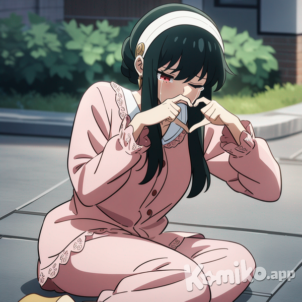 Yor Briar, 2.5d style, celluloid, anime coloring, sitting on the ground, heart hands, depressed, crying, disappointed, one eye closed, lace, pajamas
