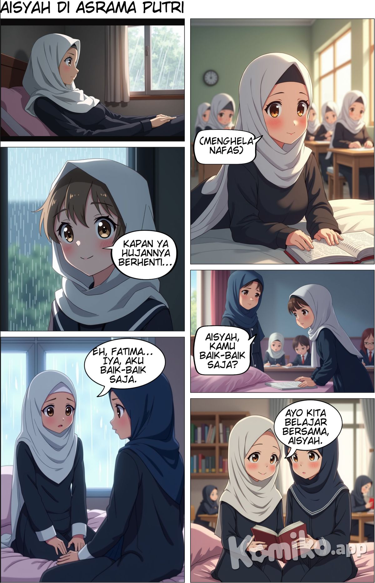 Describe a female Islamic boarding school student in Indonesia. Her name is Aisyah, and she is lying down in her peaceful dormitory room. She wears a long white syar'i hijab that fully covers her hair and a black uniform dress. With a bored expression on her face, she gazes at the rain outside the window. Around her, her friends are busy reading books. and finally, her friend talk to her seriously.