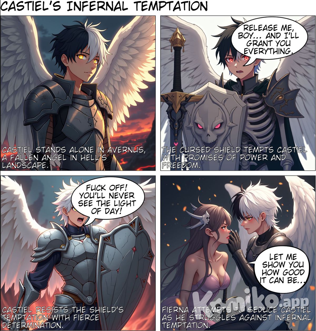 Hair: His hair retains the unique contrast—half black, half white—symbolizing the duality within him. The white part seems almost to blend with his wings, signifying his divine nature, while the black represents the struggles and temptations he's faced.  Armor: Castiel’s armor is still polished, but there are cracks and wear marks—indications of battles hard fought. His right arm is fully skeletal now, blackened from his past interactions with the Shield of the Hidden Lord. It’s both a badge of his resilience and a reminder of the darkness he's brushed against. The rest of his armor, though slightly damaged, gleams with celestial craftsmanship, and his sword, always within reach, pulses with radiant energy, ready to strike down any infernal enemies. Face: Castiel's face is still smooth and youthful, with a boyish charm that contrasts the weight of the torment he hides within. His eyes, though still bright, are the windows to his turmoil. They glow with a celestial light, but underneath that glow, there's a deep, haunted shadow. There’s a noticeable tension in his gaze—a young man trying to hold onto his ideals while being dragged down by the darker realities of his path. Tone: The art should be dark and gritty, with a focus on the visceral struggle between light and darkness within Castiel. Blood, fire, and celestial light should be used as recurring themes, emphasizing the brutality of his journey. Color Palette: Reds and oranges dominate the hellish landscape, while whites and blues represent Castiel’s connection to Tyr and the celestial plane. The shift in color between the fire and light symbolizes his transition from torment to vengeance. Expressions: Castiel’s face should oscillate between rage, pain, and defiance, capturing the inner turmoil of someone teetering between falling into hell and rising to fulfill a divine purpose. Panel 1: A Battle-Scarred Avernus Visual: The hellscape of Avernus stretches into the distance, with rivers of molten lava and dark clouds churning overhead. The horizon is littered with the remains of infernal soldiers and decaying structures. Castiel, battered and bleeding, stands alone at the edge of a cliff, his white wings now stained with streaks of ash and soot, creating a haunting image of a fallen angel in the middle of hell. Caption (Castiel’s inner thoughts): “There’s no peace in a place like this. No redemption. Only the stench of blood, burning flesh, and betrayal. And I... I was almost one of them.” Panel 2: The Shield Begs Visual: A close-up of the Shield of the Hidden Lord, attached to Castiel’s arm. The devilish face etched into it twists and contorts, its eyes glowing an ominous red as it whispers in Castiel’s mind. Castiel’s face is strained, beads of sweat trickling down his forehead as he glares at the shield. His skeletal arm clutches the shield tightly, black tendrils of energy seeping from it into his body. Dialogue (Shield): “Release me, boy... and I’ll grant you everything. Power, vengeance... freedom from the pain. You need me.” Caption (Castiel’s thoughts): “I’ve heard this shit before.” Panel 3: Castiel’s Defiance Visual: Castiel’s expression hardens, a look of pure defiance in his eyes. His white wings are spread wide behind him, glowing faintly despite the blood and dirt. The skeletal hand gripping the shield tightens, cracks forming along the cursed metal. Dialogue (Castiel, shouting): “FUCK OFF! You’ll never see the light of day! I’ll destroy you before I let you out!” Panel 4: Fierna’s Seduction Visual: The world around Castiel begins to warp as he collapses to his knees, the strength in his body failing. In his mind, the infernal landscape fades to black, and Fierna’s form appears—an ethereal, seductive figure made of flame and shadow. Her voice drips with malice and temptation as she draws closer, whispering into his ear, her hand brushing against his cheek. Dialogue (Fierna): “Come now, Castiel. You don’t have to fight this. All you have to do is give in... Let me show you how good it can be to stop resisting.” Caption (Castiel’s thoughts): “I could feel her claws, digging into my skin... the fire in her touch. But there was no pleasure in it... only hate.” Panel 5: Castiel’s Defiance Visual: Fierna’s claws dig into his flesh, flames licking up his body as she begins to consume him, but Castiel’s face contorts with determination. He snarls, pushing through the pain, his wings catching fire. He shouts into the void, clutching his chest as his insides feel like they’re burning alive. Dialogue (Castiel, screaming): “I’M DONE! I’ll break every fucking chain you try to put on me!” Visual: Fierna’s face twists into rage, her flames wrapping around him, trying to pull him into the abyss. Dialogue (Fierna): “You dare defy ME? You’ll burn, Castiel. You’ll burn forever!” Panel 6: Castiel’s Plea Visual: As Fierna’s flames engulf him, Castiel stretches his skeletal hand toward the sky, desperately calling out to Tyr. His body begins to blacken as the flames consume him, but his eyes burn with a fierce resolve. His wings, almost entirely consumed by fire, remain extended. Dialogue (Castiel, screaming): “TYR! I need you! Save me... save them all!” Caption (Castiel’s thoughts): “There was no answer. Just silence... and fire.” Panel 7: Tyr’s Intervention Visual: Just as Castiel’s body is about to be consumed by the flames, everything turns white. The fire vanishes, and Castiel collapses to the ground, gasping for breath. In the blinding light, Tyr’s towering figure stands before him, radiant and calm, his presence overwhelming. Castiel is on his knees, tears streaming down his face, his black wings slowly turning white once more. Dialogue (Tyr): “You have suffered much, Castiel... but your work is far from done. You will not die today.” Panel 8: Castiel’s Oath Visual: Castiel, still on his knees, looks up at Tyr with tears in his eyes, but his expression is resolute. His wings are now fully white, his hair a pure silver. He places his hand over his heart, swearing his new oath. The shield remains on his arm, but now it’s just a tool—no longer a curse. Dialogue (Castiel): “I swear... by the gods above and the souls of the damned... I will avenge every innocent life the devils have taken.” Caption (Castiel’s thoughts): “This isn’t a redemption story. It’s revenge.” Panel 9: Return to Reality Visual: Castiel’s eyes snap open as he returns to consciousness. His body is healed, his wings fully restored, but there’s a new darkness in his gaze—a cold determination. He rises to his feet, his white wings stretching behind him, his grip tight on his sword. The rest of the group looks at him with a mixture of awe and fear. Dialogue (Castiel): “I’ll only ask for one thing...” Visual: Castiel’s eyes narrow as he stares off into the infernal distance. Dialogue (Castiel, with a grin): “We’re going to kill that bitch, Fierna.”