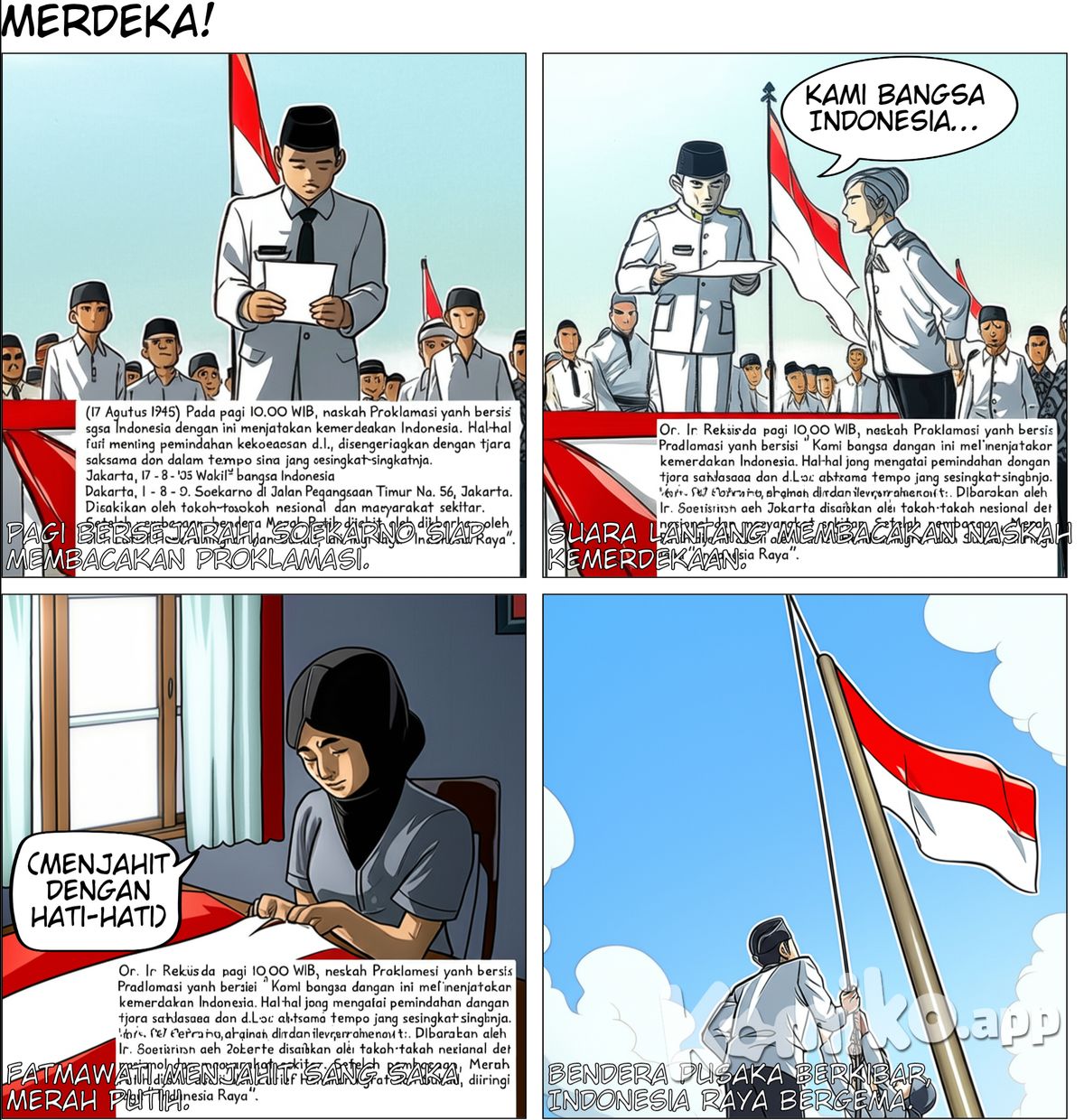 (17 Agustus 1945)  Pada pagi hari, pukul 10.00 WIB, naskah Proklamasi yanh berisi "Kami bangsa Indonesia dengan ini menjatakan kemerdekaan Indonesia. Hal-hal jang mengenai pemindahan kekoeasaan d.l.l., diselenggarakan dengan tjara saksama dan dalam tempo jang sesingkat-singkatnja.  Djakarta, 17 - 8 - '05 Wakil² bangsa Indonesia  (tanda tangan) Soekarno – Hatta" dibacakan oleh Ir. Soekarno di Jalan Pegangsaan Timur No. 56, Jakarta.  Disaksikan oleh tokoh-tokoh nasional dan masyarakat sekitar.  Setelah pembacaan, bendera Merah Putih dijahit oleh Fatmawati dikibarkan oleh Latief Hendraningrat dan Suhud, diiringi lagu “Indonesia Raya”.