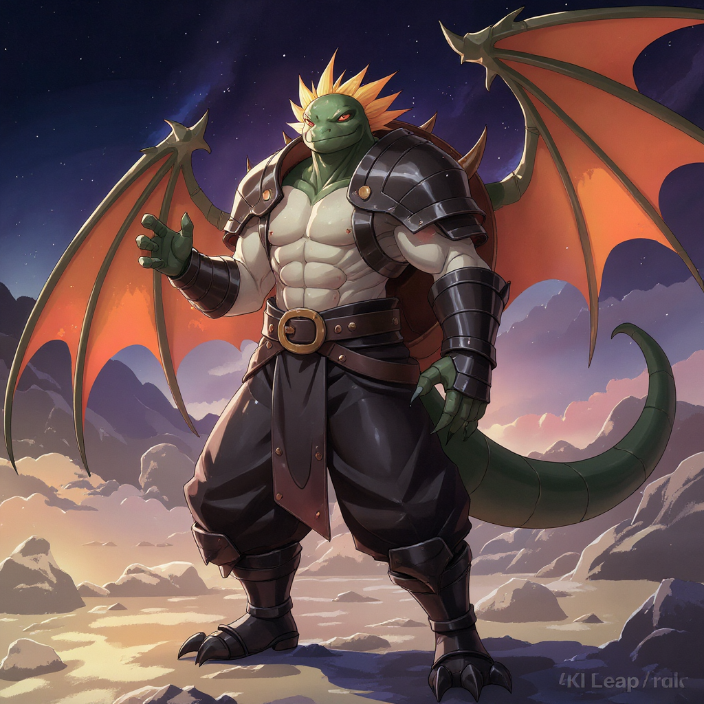 Turtle dragon gijinka male, hero, armor, 1guy, solo, clawed gauntlets, clawed boots, baggy pants, waist cape, tail, turtle shell and wings,, best quality, 4k, masterpiece, highres, detailed, amazing quality, rating: general