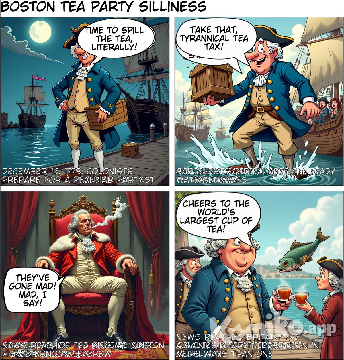 comic strip that has 4 sections about the boston tea party with text bubbles and captions in legible english, with characters in a silly cartoon style that makes sense and is accurate to history