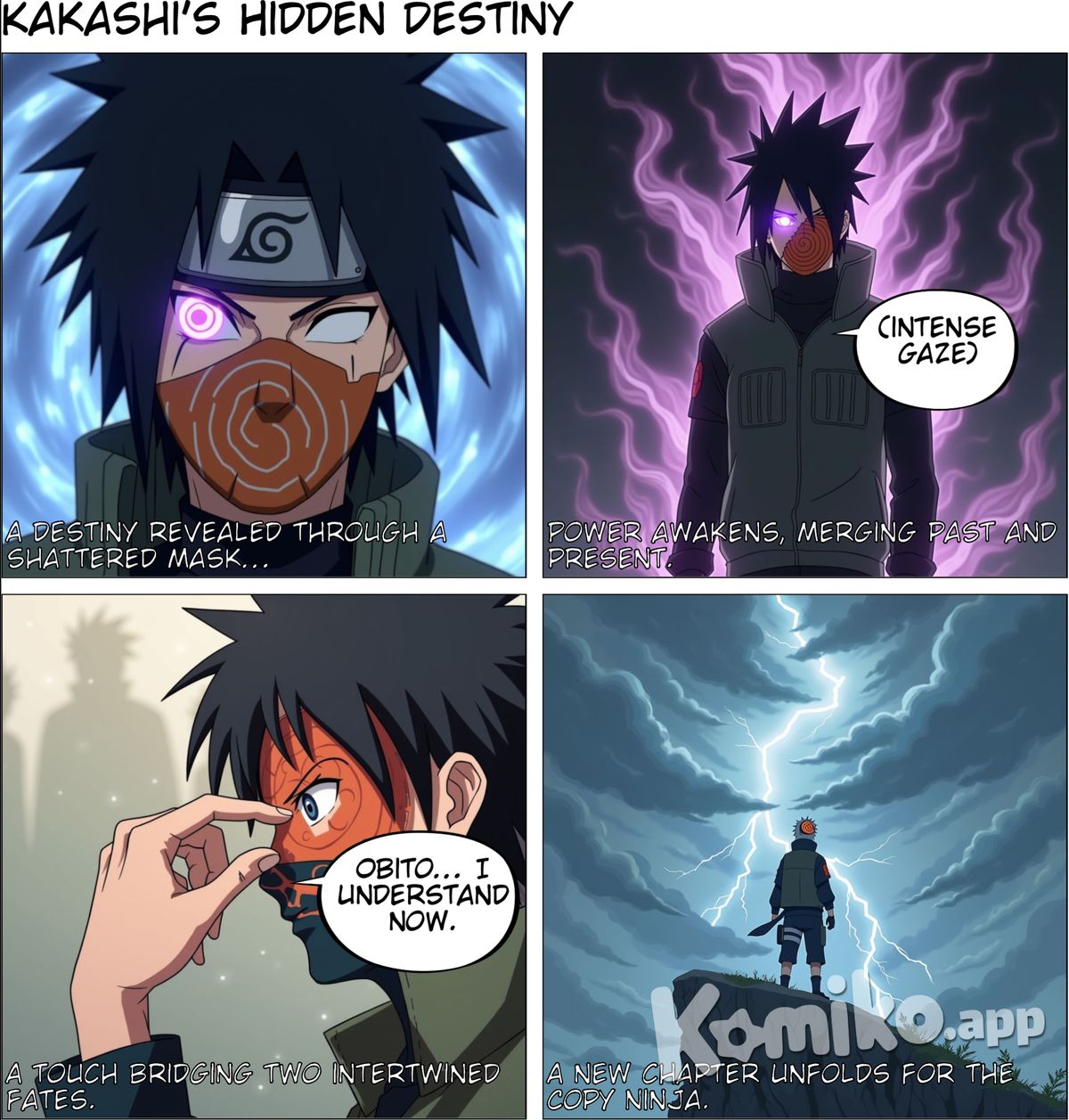 > "A high-detail colored manga-style illustration of Kakashi Hatake wearing Obito's broken orange spiral mask, partially revealing his face underneath. One of Kakashi's eyes should be glowing with the Rinnegan, radiating a mysterious energy. The background should be dramatic with swirling chakra or smoke to enhance the intensity. Use vivid colors, strong shading, and anime-accurate details. The image should be in a 16:9 ratio, suitable for a YouTube thumbnail."
