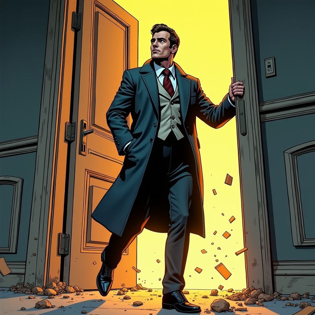 Man in coat, breaking doors with his foot, front view, action pose, american modern comic book style