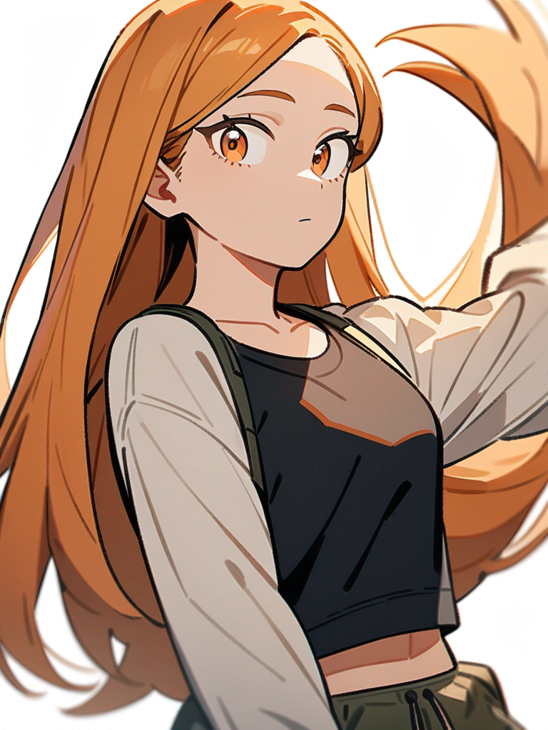1girl, My Hero Academia style, original character, teenager, athletic, long straight hair, brownish orange hair, orange eyes, olive skin, black tank top, cargo pants, single character, upper body, looking at viewer, anime style, simple background, white background