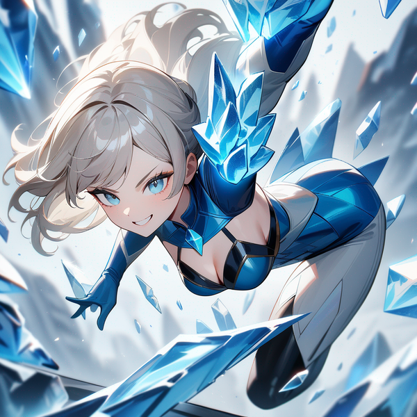 1girl, platinum blonde hair, icy blue eyes, playful smile, Marvel style ice-themed outfit, ice powers, dynamic pose with ice shards, Marvel style, superhuman, original character in the Marvel universe, best quality, 4k, masterpiece, highres, detailed, amazing quality, rating: general