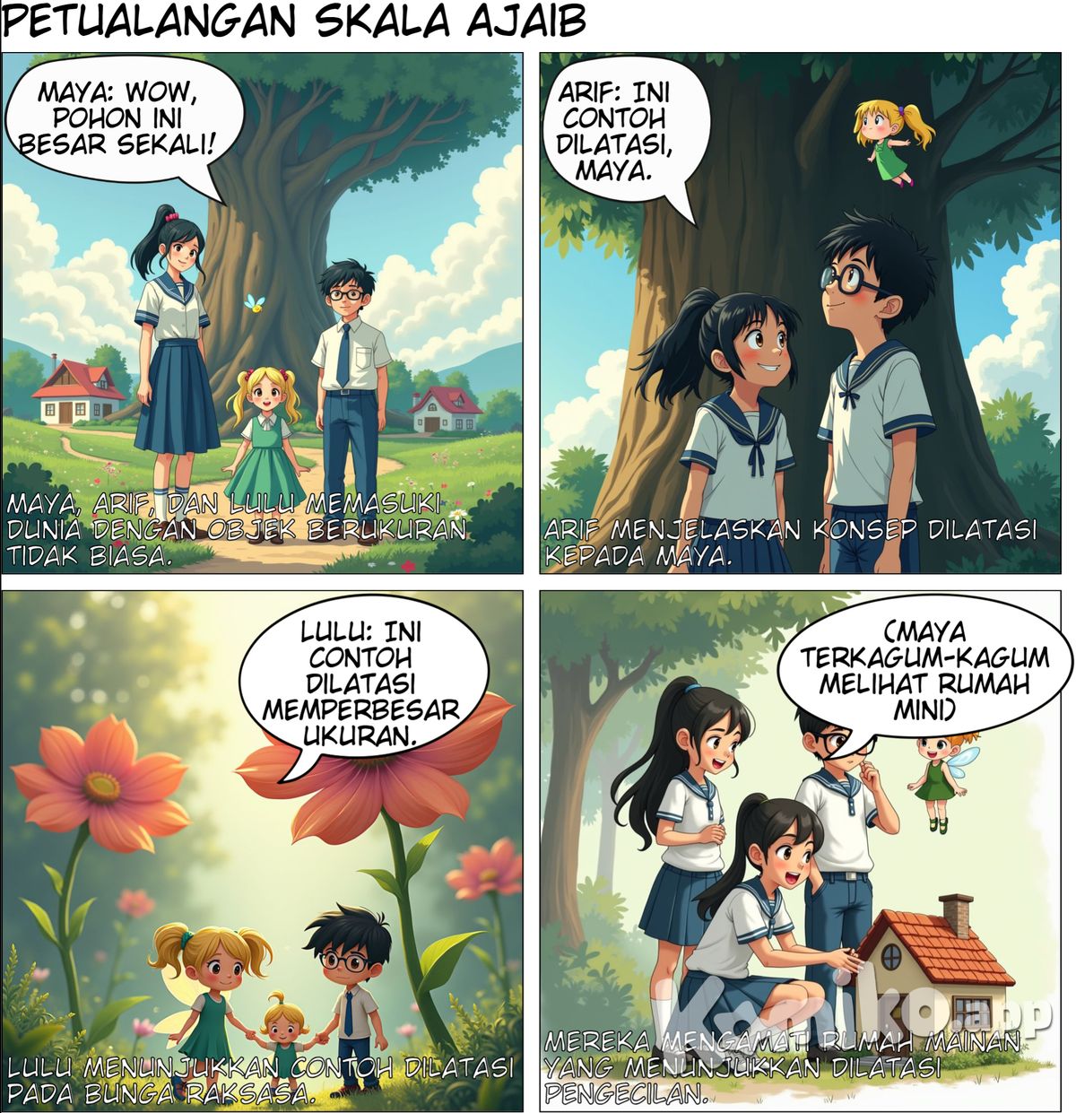 ini lanjutan dari komik yang awal maya dan arif yang memakai seram coba sesuaikan. yang seragam biru. coba samakan lagi mayanya yang di kuncir satu. arifnya pake kacamata. Scene 3: Menjelajah Dunia Skala Ajaib Panel 1: Maya, Arif, dan Lulu masuk ke dunia yang dipenuhi objek-objek berukuran tidak biasa: pohon besar sebesar gunung dan rumah-rumah kecil seukuran mainan.  Dialog:  Maya: “Wow, pohon ini besar sekali! Tapi bentuknya tetap sama seperti pohon yang biasa kita lihat.” Arif: “Iya, ini contoh dilatasi, Maya. Ukuran berubah, tapi bentuk tidak berubah.” Panel 2: Lulu mengarahkan mereka untuk melihat lebih dekat ke benda-benda lain yang juga menunjukkan dilatasi, seperti bunga kecil yang diperbesar menjadi sebesar mereka.  Dialog:  Lulu: “Ini contoh bagaimana dilatasi dapat memperbesar atau memperkecil ukuran tanpa mengubah bentuk dasar.” coba selaraskan lagi kesuaian gambarnya. baju seragamnya putih biru, perinya baju hijau rambut kuning kuncir 2 seperti yang sebelumnya. coba selaras kan untuk slide 3 saja 