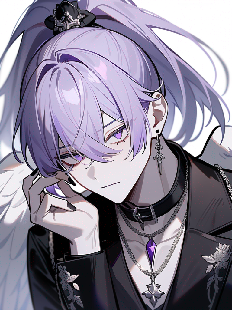 1male, white background, half body, long lavender hair in a high ponytail with an antique silver clasp, pale skin, angel wings, black nail polish, fitted black coat with subtle orbit embroidery, short navy cravat with a silver brooch, silver chain necklace with a pendant, silver earrings, purple eyeliner, white fur lining his cuffs and collar, cold and composed aesthetic, best quality, 4k, masterpiece, highres, detailed, amazing quality, rating: general