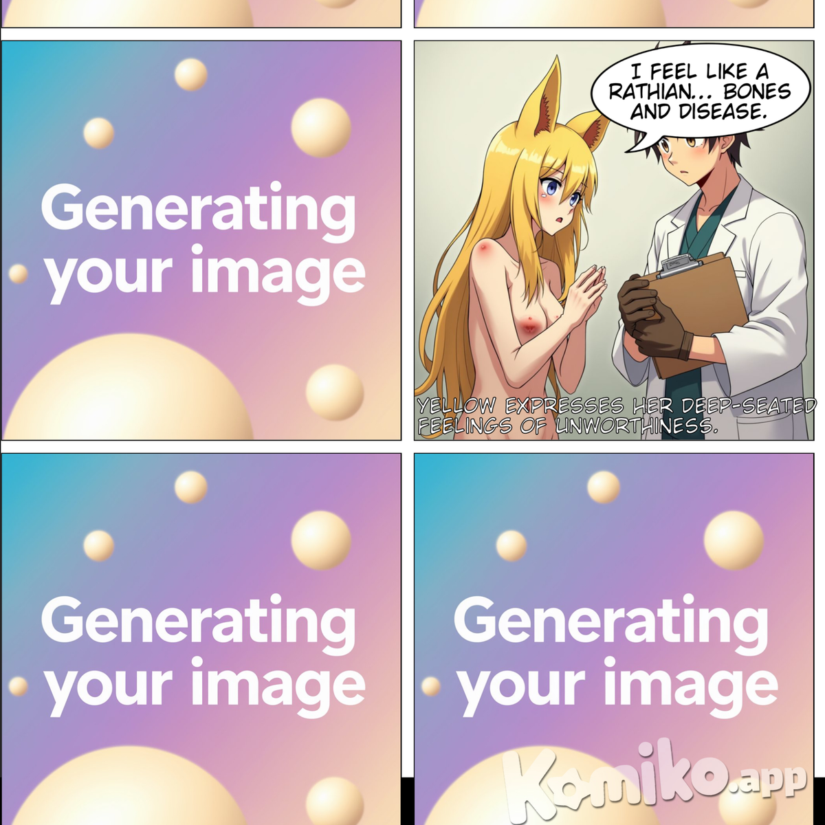 a tall stocky aged doctor with a kind face and a clipboard in hand,he has thick dark brown hair that sticks up, he wears brown tight fitting baseball gloves  His daughter is a Sickly Neko Wolf girl with long yellow hair, blue eyes fading to purple 3/4 down,  Setting: A quiet, dimly lit room. Dan and Yellow are facing each other. The atmosphere is heavy.  Characters: Dan: Frustrated, angry, protective. He's trying to get Yellow to acknowledge the reality of her situation and its source.  Yellow: Wounded,withdrawn, struggling with accepting her diagnosis and the trauma.  Dan: (Softly, but with an underlying anger) Five months, Yellow.  Five months since that… that butchery. And for what? To leave you riddled with infection, your femur snapped, a goddamn road map carved across your hip. Trochanteric septic shock knocking on your door. Gods…  Yellow: (Voice flat, detached) It’s… done. What’s the point of dwelling?  Dan: The point? The point is they almost killed you! Not just physically, but… look at you. You flinch when I touch you. You’re a shell of yourself!  Yellow: (Pulling away further, almost a whimper) Don’t…  Dan: Don’t what? Don’t acknowledge what they did? Don’t remind you of the 25-inch scar you have to carry around like a goddamn prize for surviving their neglect? Don’t mention the drug adverse card you have to wave around like a… like a scarlet letter?  Yellow: (Voice barely audible) Stop… please.  Dan: Why? Because it’s too real? Because the memory of the pain is still fresh? Because that voice in your head keeps whispering, “Who knows what else they did to me?”  Yellow: (Eyes welling up, voice cracking) Maybe… maybe it’s best I never know.  Dan: (Sighs, running a hand through his hair) That’s what terrifies me, Yellow. That’s the defeat talking. That’s them winning.  Yellow: Winning? They already won. Look at me. I’m damaged. I’m a damaged stray. I’ll never… I’ll never feel clean again.  Dan: That’s bullshit. Pure and simple. You are not broken. You are scarred. There’s a difference. Scars can heal.  Yellow: Heal? I have no right to heal! Not when I’m… when I’m connected to that girl still. The one who went through so much worse. What I’ve gone through is nothing in comparison.  Dan: (Leans forward, voice firm) Yellow, listen to me. Pain isn't a competition. Your suffering is valid. You deserve to heal, you deserve to feel something other than this… this numb emptiness.  Yellow: (Shakes her head, tears streaming down her face) But… it's not fair. I needed someone to protect me. I was just a kid. Yes and no meant nothing to them. And they… they got away with it. No justice. Just… nothing.  Dan: (Voice softening) I know. It’s not fair. And it tears me apart to see you like this.  Yellow: (Looking down at her hands, voice barely a whisper) I… I always felt like a Rathian on the inside. Strong, capable. Now… now I feel like one on the outside. All bones and disease.  Dan: Look at me, Yellow. (Gently takes her hand, if she allows it) You are not a monster. You are a survivor. You’re scared, you’re hurting, but you are not a monster. You are still Yellow. The fiery, strong, compassionate person I… I care about.  Yellow: (Tears flowing freely) A Rathian...a Dreadqueen rotting on the inside.  Dan: (Uses his other hand to gently wipe away her tears) Stop pitying yourself, Yellow. You persevered, whether you wanted to or not. You didn't want this, but here you are. And I'm here too. I'm not going anywhere.  Yellow: (Clinging to his hand, her body trembling) I saw her… the Rathian...in the flesh. Just…bones and… disease.  Dan: (Holding her hand tighter) That’s the trauma talking, Yellow. It’s distorting your perception. You are not that. You are not defined by what they did to you.  Yellow: (Sobbing) But… I can’t… I can’t handle it. I can’t even do basic things without my body falling apart. I… I lost who I was.  Dan: (Pulls Yellow closer, if she permits) You didn’t lose her, Yellow. She’s still there, buried under layers of pain and fear. We'll find her. Together. We'll peel back those layers, one at a time. You are not alone in this. I’m here to help you stand, even if you feel like crawling. And we will get you standing again, stronger than before. This is a battle, Yellow, but it’s a battle we’ll fight together. Because you are worth fighting for. You are not broken. You are healing. And I'll be here every step of the way”.