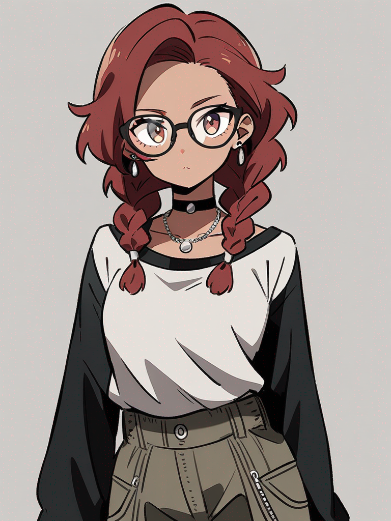 1girl, light skin, athletic body, dagger strapped at waist, silky top, dark grey cargo pants, boots, teenager, tall, two braids, shoulder length frizzy maroon hair, hazel eyes, fair skin, earrings, necklace, choker, glasses, single character, upper body, looking at viewer, anime style, simple background, white background, best quality, 4k, masterpiece, highres, detailed, amazing quality, rating: general