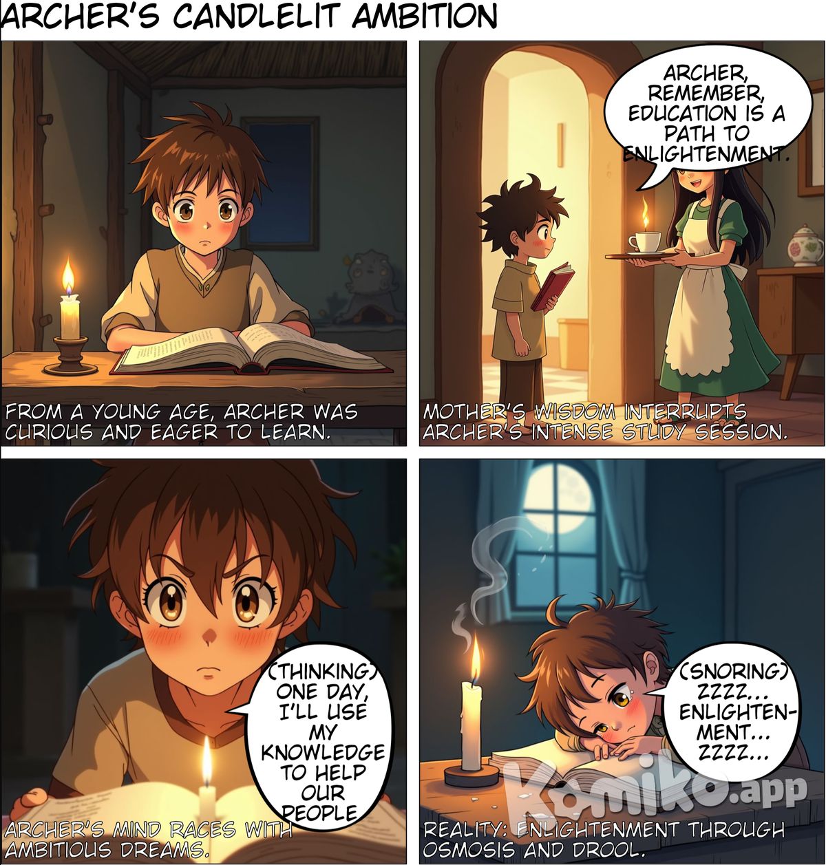 Young Archer studying under candlelight at home.  Narration: "From a young age, Archer was curious and eager to learn."  Archer’s Mother: "Archer, remember, education is a path to enlightenment."  Young Archer (thinking): "One day, I’ll use my knowledge to help our people."