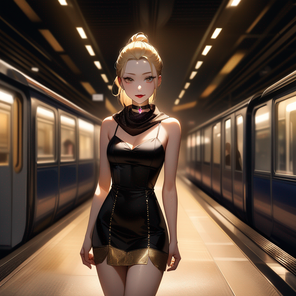 A young woman stands gracefully in the center of a train station. She wears a black velvet minidress with a choker-like knot forming a small, shimmering jewel-toned silk scarf with gold filigree. Her blonde hair is pulled back in a high, damp ponytail, and her red lips are painstakingly painted. Warm, soft lighting bathes the room, casting a cozy glow. Musical notes and the text "Luis Arcy" gracefully entwine around her figure, contributing to the enchanting atmosphere.