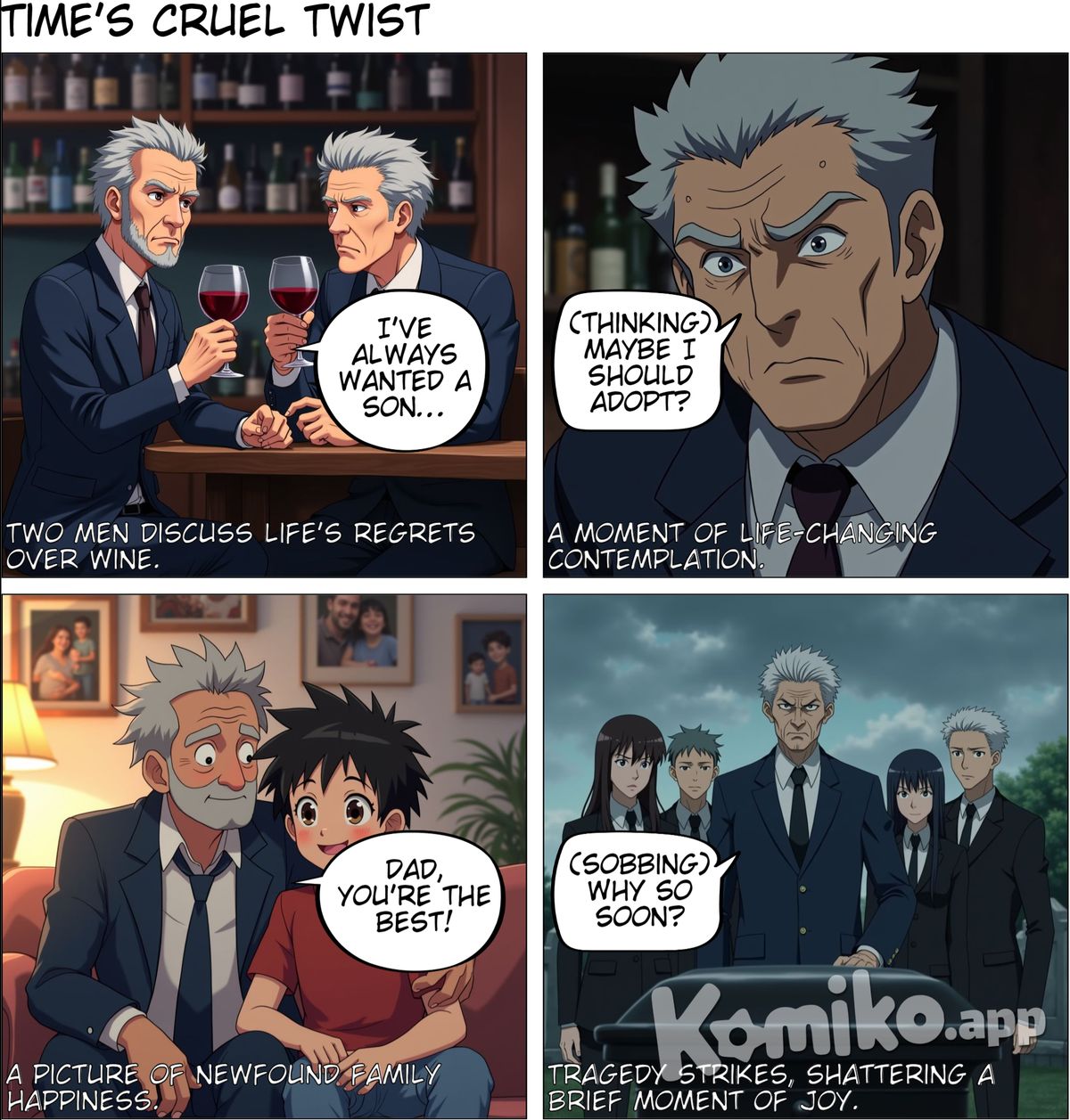 1.  two grey haired men in their 40s sitting in a bar drinking wine talking to each other. They look serious.  2. the grey haired man's face, he looks worried 3. A grey haired man rides the bus next to a dark haired 13 year old boy. 4.  the grey haired man walks beside the 14 year old boy with dark hair on the street. 5. the grey haired man and the 14 year old boy dark haired boy sit together in the living room. they look happy 6. A brown haired woman serves the grey haired man tea at the table in the kitchen and they look very happy 7. Pixar style painting, the grey haired man looks at the dark haired 13 year old boy with a serious face 8.  the 14 year old dark haired boy is falling in the playground crying sadly 9. , a dark haired 14 year old boy is very sick lying down in  bed  10.  a funeral with a casket and with 6 people and a grey haired man. 11. A brown haired woman serves the grey haired man a coffee at the table in the kitchen and they look very sad 12. Pixar style painting, the grey haired man finds a yellow flower 13.  the grey haired man is alone in the bus with a nostalgic look on his face. 14. Shot from their backs, two grey haired men in their 40s are stting at the bar paying the check. They look sad and serious. 15. a yellow carnation