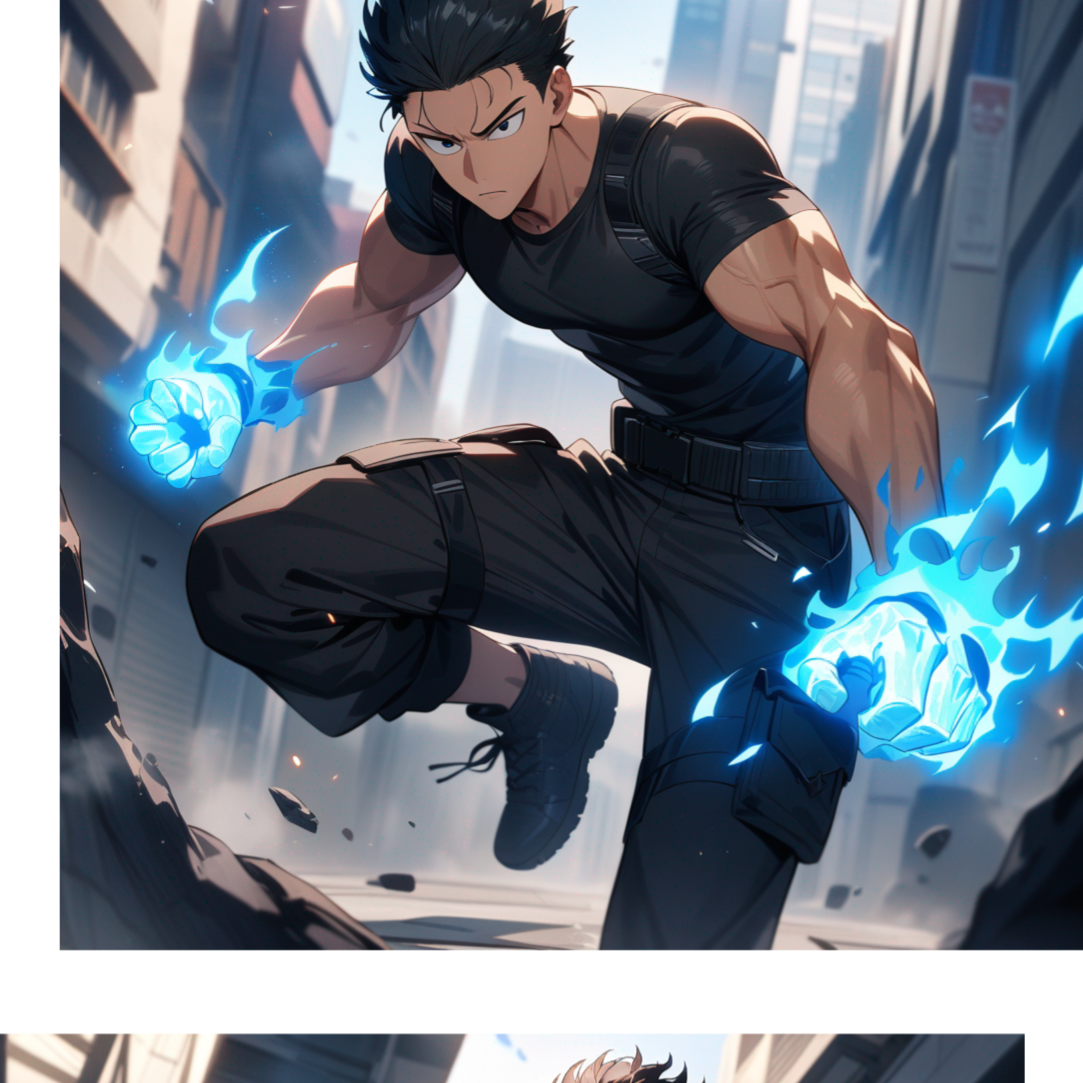 anime, masculino, One Puch Man, cabello negro y cortó, ojos negros, piel clara, cuerpo atlético, playera negra de manga corta, pantalón cargo negro, botas negras, llamas azules en sus puños