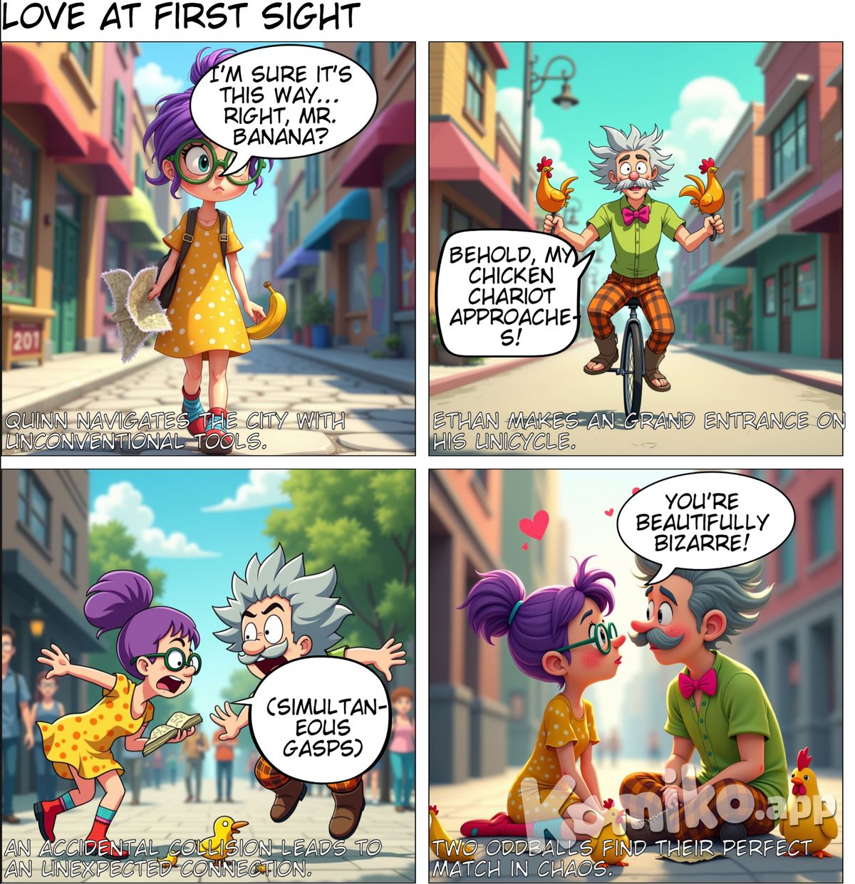 Two strange man and women meet on the street and fall in love at first sight