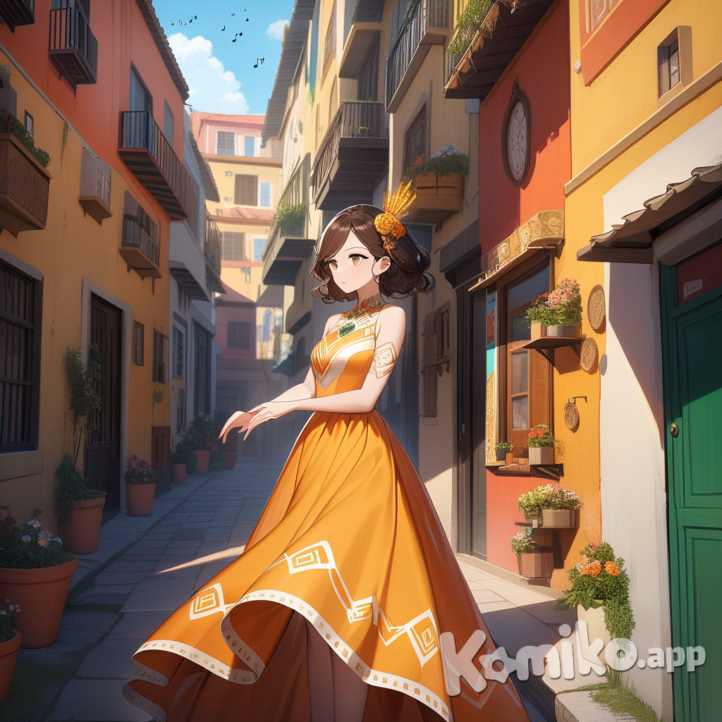 A striking woman with long, wavy brown hair frames her captivating gaze as she stands confidently in an elegant, short, tight, bright orange dress adorned with vibrant futuristic prints. "Luis Arcy" and musical notes float gently at her feet. Warm sunlight bathes the scene, casting a golden glow over the charming, colorful neighborhood inspired by the Mexican show "Chavo del 8," where pastel-colored houses and festive decorations create a lively backdrop. The woman’s confident posture and the intricate patterns on her dress stand out against the cheerful, sunlit streets lined with blooming flowers and fluttering flags.