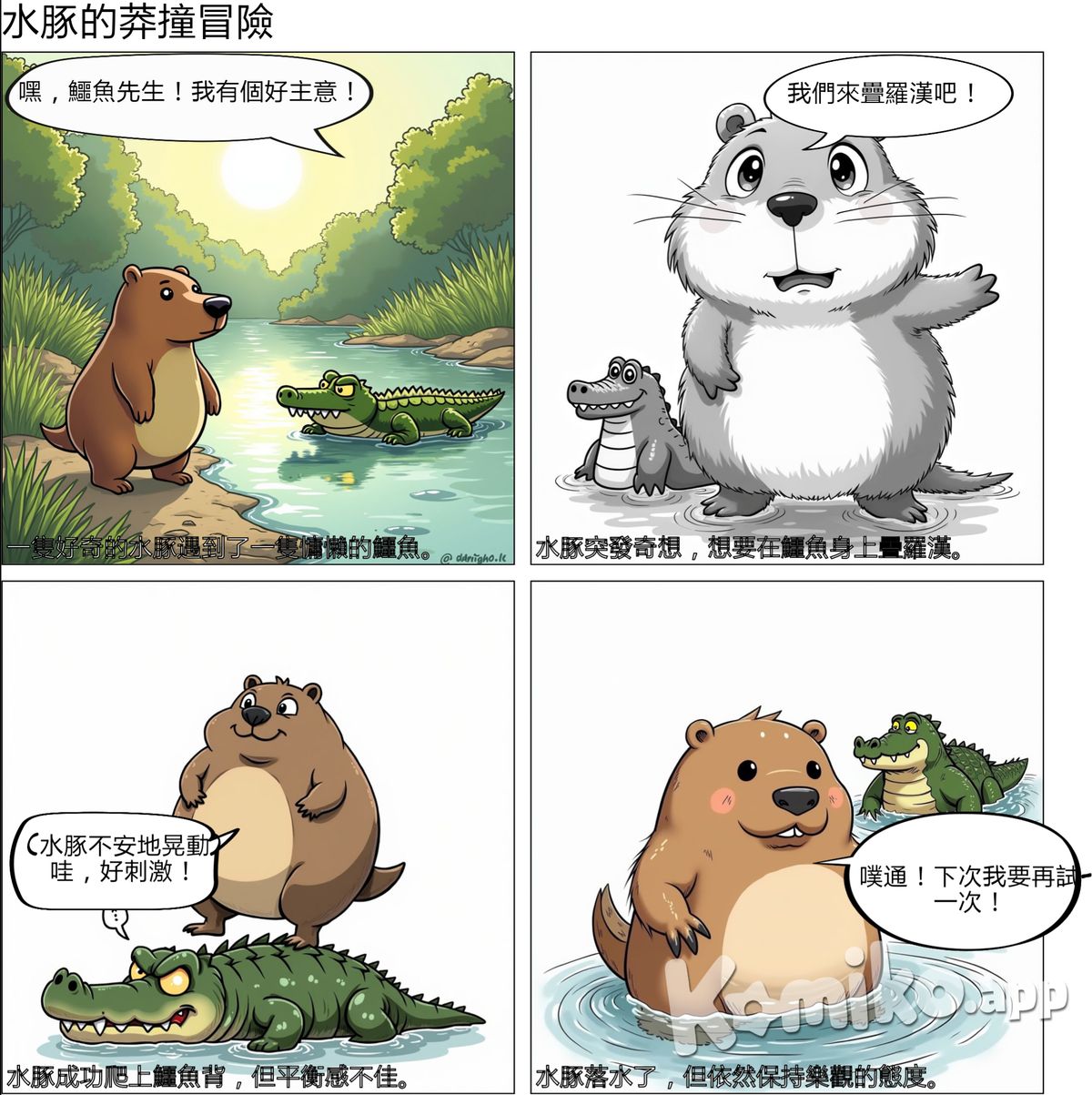 有一天有一隻水豚想要在鱷魚身上疊羅漢