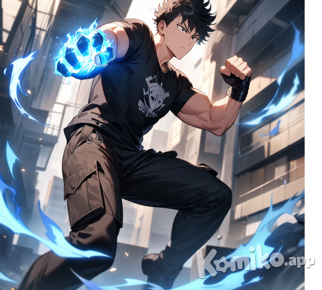 anime, masculino, One Puch Man, cabello negro y cortó, ojos negros, piel clara, cuerpo atlético, playera negra de manga corta, pantalón cargo negro, botas negras, llamas azules en sus puños