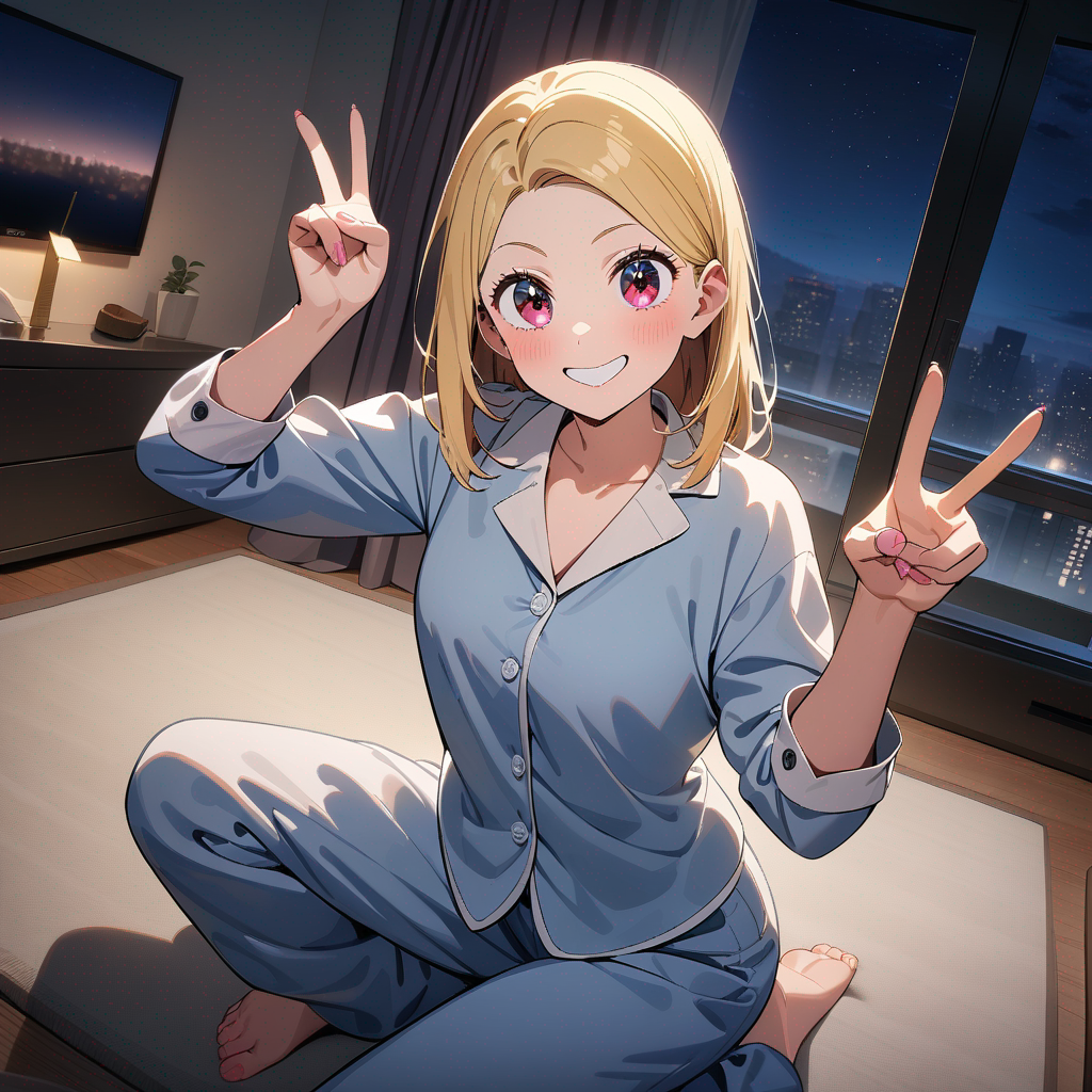 1girl, oshi no ko style, v sign, smile, pajamas, blonde hair, slicked-back hair, burgundy, full body, looking at viewer, night, apartment living room