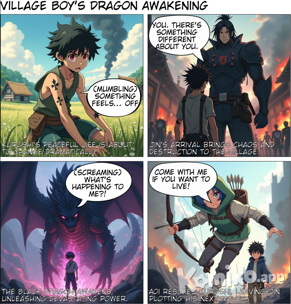 Chapter 1: The Besieged Village   ---  Scene 1: The Quiet Village  In a remote and peaceful village, far from the battles that rage between humans and dragons, life continues as usual. The village lies on the edge of a vast wilderness, undisturbed by the chaos that grips the world.  Among its inhabitants is Kuroshi (黒し), a simple 16-year-old boy with messy black hair and striking red eyes. He lives a modest life, working alongside the other villagers in daily tasks such as farming and hunting. Dressed in rugged, practical clothes, he appears no different from any other boy his age. However, Kuroshi feels deep inside that he is different. He is haunted by strange dreams—visions of massive dragons and swirling purple flames—but he’s grown used to pushing them aside, treating them as nothing more than figments of his imagination.  As Kuroshi works in the fields, his mind drifts between the simplicity of village life and the strange feeling he’s had for as long as he can remember—an unexplainable sense that something is missing.   ---  Scene 2: The Flames on the Horizon  While tending to the crops, Kuroshi suddenly notices smoke rising from the horizon. At first, it’s just a faint column of black against the sky, but it grows thicker, darker. The distant rumble of destruction echoes toward the village.  Panic spreads through the villagers. They scream in terror, scrambling to gather their families and flee. The peaceful routine is shattered in an instant. The once quiet village is consumed by fear, everyone fearing the worst—they know this can only mean one thing: Organization Nine (組織ナイン) has arrived.  Despite the chaos surrounding him, Kuroshi feels something else—a strange, inexplicable pull toward the approaching threat. It’s as if the flames are calling to him, igniting something deep inside. His red eyes narrow, and his heart beats faster, the dreams of purple flames returning to his mind. He can't explain it, but he knows this attack is somehow connected to him.   ---  Scene 3: The Arrival of Jin  Soon, Jin (ジン), a high-ranking field commander of Organization Nine, arrives at the village. He stands tall, imposing, with long black hair tied neatly behind his head and cold, calculating eyes. His muscular frame is clad in dark, intimidating armor adorned with the organization's emblem—a symbol of fear across the land.  Jin’s presence alone sends shivers down the villagers' spines. His sharp gaze scans the village, and without hesitation, he begins to tear through homes, searching for something—or someone. It’s clear that Jin and his soldiers are here on a mission: to find a hidden dragon.  As Jin moves methodically through the village, his piercing eyes suddenly lock onto Kuroshi. Something about the boy stands out to him, though he can’t quite place it. Despite Kuroshi’s simple appearance—his messy black hair and nervous, innocent look—there’s something unusual. Jin steps toward him, eyes narrowing as he prepares to strike.   ---  Scene 4: The Awakening of the Black Dragon  Jin’s cold eyes remain locked on Kuroshi, ready to attack. But just as Jin closes in, something inside Kuroshi snaps. A deep, resonating voice, unfamiliar yet strangely comforting, fills his mind: "It’s time for me to awaken."  Before Kuroshi can react, a violent surge of dark energy erupts from his body. His red eyes blaze as dark, swirling energy envelops him. His skin becomes marked with black patterns, and a massive figure begins to materialize around him.  Suddenly, a gigantic Black Dragon (黒龍, Kokuryū) forms, emerging from within Kuroshi. The dragon, a dark and menacing figure with enormous black wings and glowing violet eyes, towers over the village. It becomes clear that this dragon had been sealed inside Kuroshi for his entire life, and now it’s free.  The overwhelming power of the Black Dragon decimates everything around him—buildings, trees, and even Jin’s soldiers. Jin is thrown back by the sheer force of the energy. Kuroshi, once a mere village boy, now stands at the center of devastation, struggling to comprehend the immense power unleashed from within him.   ---  Scene 5: Aoi’s Intervention  Just as Kuroshi is about to lose control of the raging energy inside him, a mysterious figure leaps into the fray. Aoi (アオイ), a young woman with short blue hair and soft gray eyes, appears from the shadows. She moves with incredible speed, dressed in light armor and a green hooded jacket. Her bow is drawn, arrows ready in her quiver, as she quickly engages Jin in battle.  Aoi’s movements are swift and precise, and her demeanor is calm yet determined. With her skillful use of the bow and lightning-fast reflexes, she manages to hold Jin at bay, giving Kuroshi a moment to regain control of himself. Her piercing gray eyes meet his, and she speaks to him in a firm but reassuring tone.  “Kuroshi, I’m here to help,” she says. “I’m part of the resistance—our mission is to stop Organization Nine from controlling the dragons.”  Though still overwhelmed by the Black Dragon’s awakening, Kuroshi senses that Aoi is someone he can trust.   ---  Scene 6: The Escape  As Jin fights furiously to regain the upper hand, Aoi grabs Kuroshi’s arm and pulls him away from the destruction. The two flee into the surrounding forest, leaving Jin standing in the smoking ruins of the village. His long black hair flows behind him as he watches them escape, his sharp black eyes narrowing with interest.  Jin knows exactly what he’s seen: the dragon he had been searching for all along. He smirks, already plotting his next move.  Meanwhile, Kuroshi struggles to make sense of what just happened. The Black Dragon inside him, the sudden appearance of Aoi, and the destruction of his home all leave him shaken. He knows now that he can’t avoid his fate—his life will never be the same again.