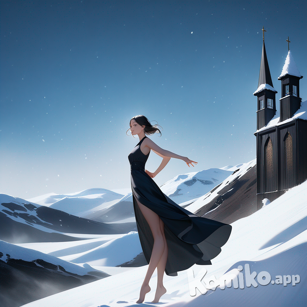A sensual and elegant young woman strikes a graceful, joyful pose. Her turquoise minidress presents a streamlined silhouette. Musical notes and the elegant text "Luis Arcy" float gently at her feet. The background is a snowy, icy wilderness in Iceland, offering a sweeping view of rolling white dunes resembling sand. In the distance, a small, black wooden church stands alone against the horizon. The surface of the snow reflects the soft winter sunlight, creating long, subtle shadows that accentuate the ripples and a sense of profound stillness. A light frost covers the church roof, and the air feels fresh and pure, with a meditative, dreamlike atmosphere.