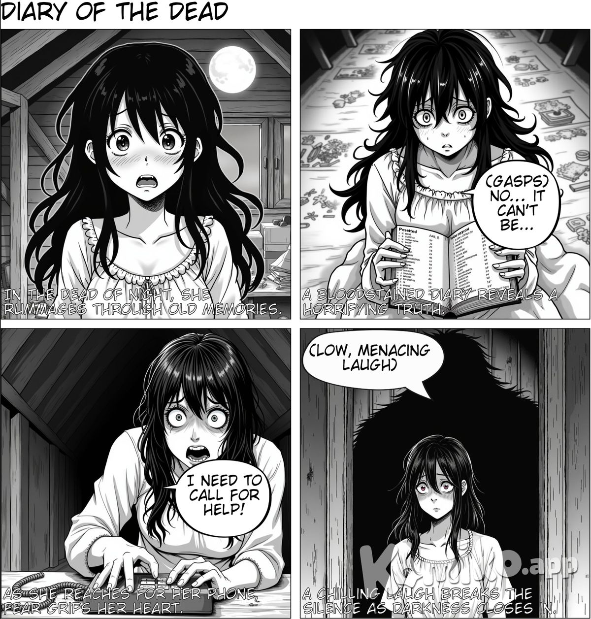 In the dead of night, a lonely woman rummaged through her old belongings and stumbled upon a bloodstained diary. As she opened it, she was horrified to find detailed accounts of every person she knew who had died. Just as she reached for her phone to call for help, a low laugh echoed behind her, and a shadow crept closer.
