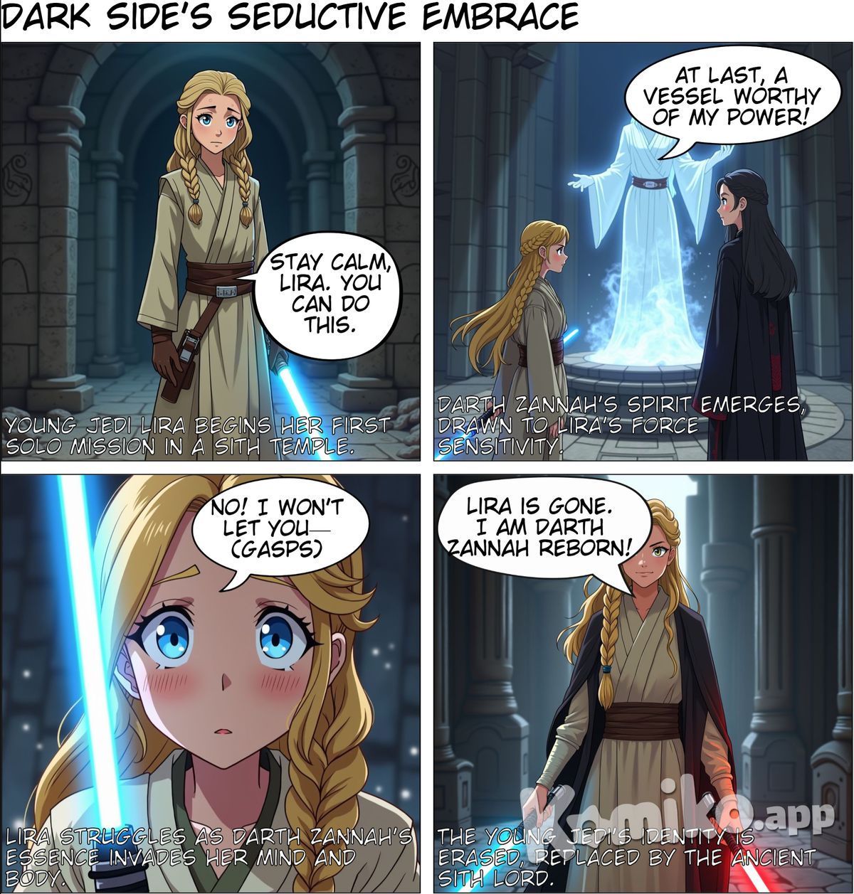 a young female jedi is on her first mission but gets possessed by darth zannah permentantly, erasing the young jedi forever.