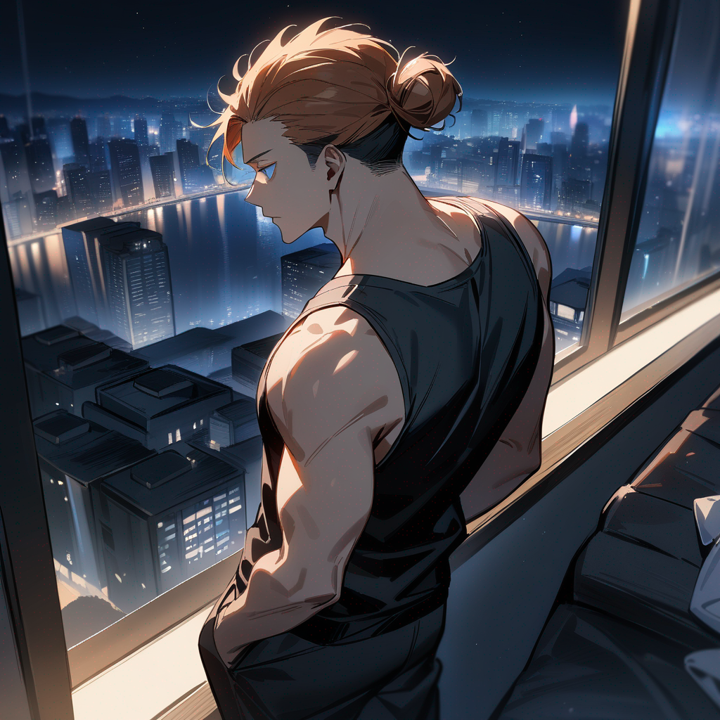 1boy, jujutsu kaisen style, hands in pockets, expressionless, tank top, joggers, charcoal black, ginger hair, man bun, blue eyes, cityscape, night, 