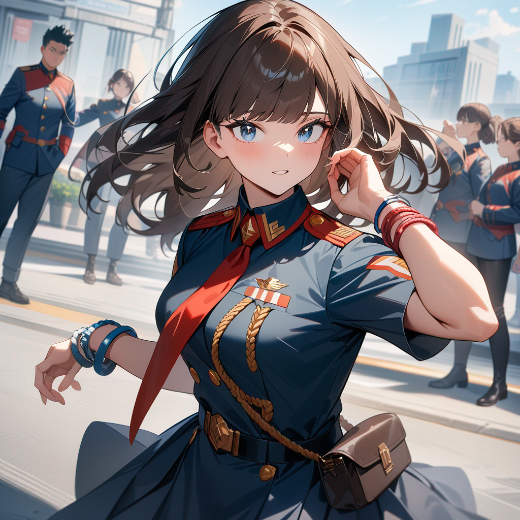 Me gustaría que fuera una chica de anime de my hero academy, su cabello largo con copete de color castaño con un mechón rojo, ojos azul claros, con el uniforme de la U.A, muchas pulceras en las dos muñecas, una gargantilla negra, calcetas largas y negras