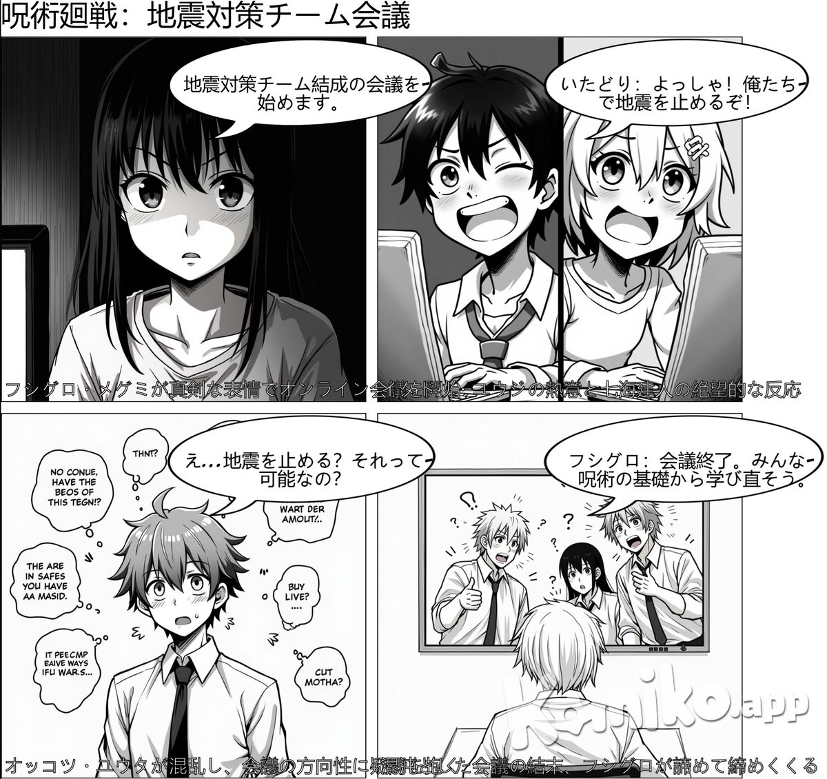 Fushiguro Megumi, Itadori Yuuji, Nanami Kento, Okkotsu Yuuta, having a jetsi online confeerence about building an earthquake response team