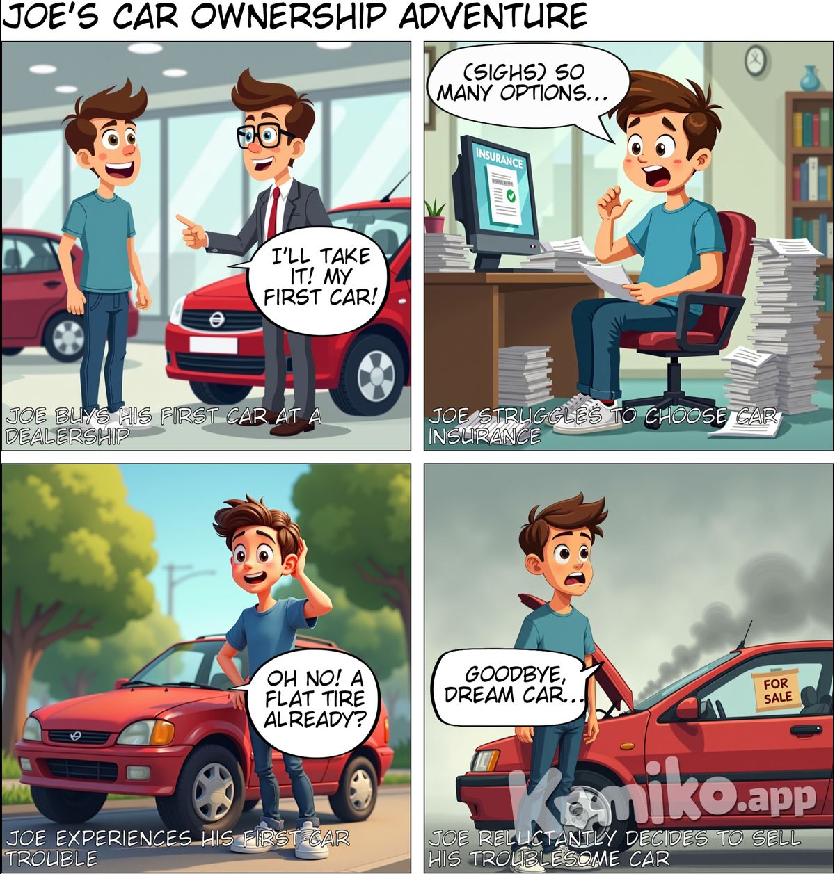 Joe is shopping for his first car. After he buys the car, he needs to shop for insurance. Then his car gets a flat tire. And then he has engine failure. Sadly he has to sell his car. 