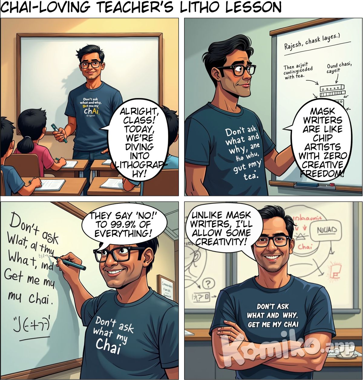 Character :Indian man who is 42, his navy blue t-shirt says "don't ask what and why, get me my chai (and a cup of tea beneath this lines)" Face Shape and Structure: The character has a slightly round face shape, with a softer jawline and a balanced forehead-to-chin proportion, giving the face a friendly and approachable look.  Eyes: Medium-sized eyes with a gentle, observant expression. wears rectangular glasses, adding a touch of intelligence and thoughtfulness. Eyebrows: Slightly arched and well-defined eyebrows can contribute to a thoughtful, slightly inquisitive expression. Mouth and Expression: The character could have a gentle, closed-mouth smile that conveys friendliness and a welcoming vibe. This gives them an easygoing, reliable personality—perfect a mentor role.  Hairstyle: The character has black but less hair as aging, which can make them appear a little bigger forehead. Clothing Style: something casual but tidycomic strip featuring this character as a teacher:  Comic Strip: "The Litho Laughs"  Panel 1: Scene: A classroom setting with a large whiteboard at the front. The main character, dressed in a casual t-shirt with a funny slogan (maybe something tech-related), stands in front of the board holding a marker. His students, four young, eager learners, sit at desks facing him with notebooks open, watching attentively.  Dialogue: He smiles warmly, saying, "Alright, class! Today, we're diving into the thrilling world of lithography!"  Panel 2: Scene: The character starts drawing a diagram on the whiteboard, illustrating the lithography process with simple shapes and arrows. He’s drawing a mask layer and some circuit pathways, explaining as he goes along.  Dialogue: "Now, mask writers are like the artists of the chip world… except they have zero room for creative freedom."  Students' Reaction: The students chuckle softly, some glancing at each other with knowing smiles.  Panel 3: Scene: He leans toward the board with a mischievous grin, ready to deliver the punchline of his joke. He circles part of the diagram dramatically, making eye contact with the students over his shoulder.  Dialogue: "Mask writers are so picky, they say 'NO!' to 99.9% of everything... because, in litho, one wrong line and POOF, there goes your entire chip!"  Students' Reaction: The students laugh out loud, with one student playfully pretending to look nervous about making a mistake.  Panel 4: Scene: The main character crosses his arms, smiling proudly at the reaction he got. Behind him, the whiteboard now has an overly complicated mask writer diagram he’s drawn as a joke, with arrows and question marks everywhere.  Dialogue: "Remember, precision is key! But don’t worry—unlike our mask writer friends, I’ll allow some creativity."  Students' Reaction: The students are laughing and feeling more relaxed, their faces showing a mix of amusement and relief.  End of Strip:  This setup gives the main character a humorous and relatable teaching style, making the topic engaging for both the students and the comic's readers. His mix of technical knowledge and jokes lightens the mood, making him a memorable, friendly mentor figure.