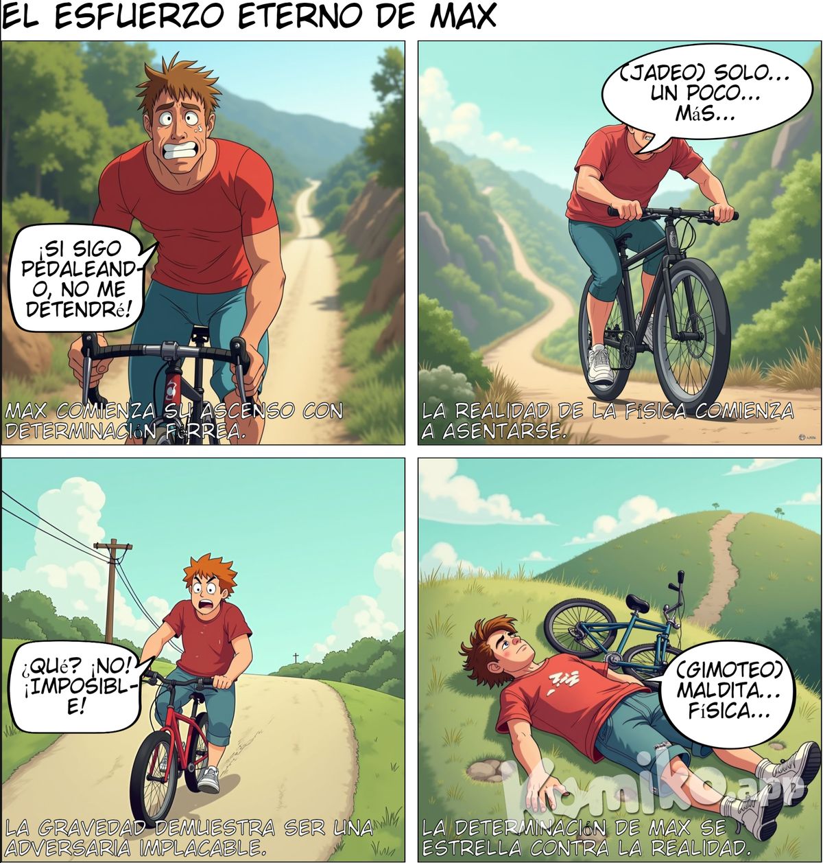  3: Max en bicicleta Max monta una bicicleta cuesta arriba con mucha determinación. Piensa que si sigue pedaleando, no se detendrá.