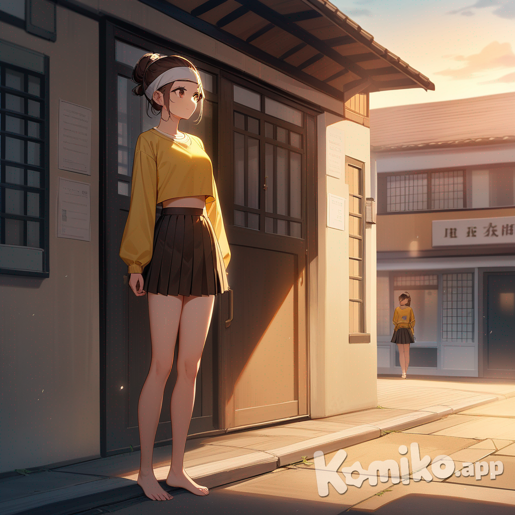 A young woman stands confidently next to a welcoming school building, bathed in the soft, warm light of dusk. She is dressed in a bright yellow long-sleeved crop top and a short, glittery pleated miniskirt, her straight brown hair neatly tied back with a headband. At her feet, the text "Luis Arcy" and a treble clef gracefully intertwine, adding an artistic charm that complements the warm and inviting atmosphere. Behind her, a serene seaside landscape painted in a 3D watercolor style unfolds under a breathtaking night sky, where a colossal full moon casts a silvery glow upon the calm, dark blue water gently lapping against a sandy shore. Faint stars twinkle in the distance, and silhouetted pine trees sway softly in the breeze, enveloping the scene in a soft, ethereal luminescence that highlights its quiet beauty.