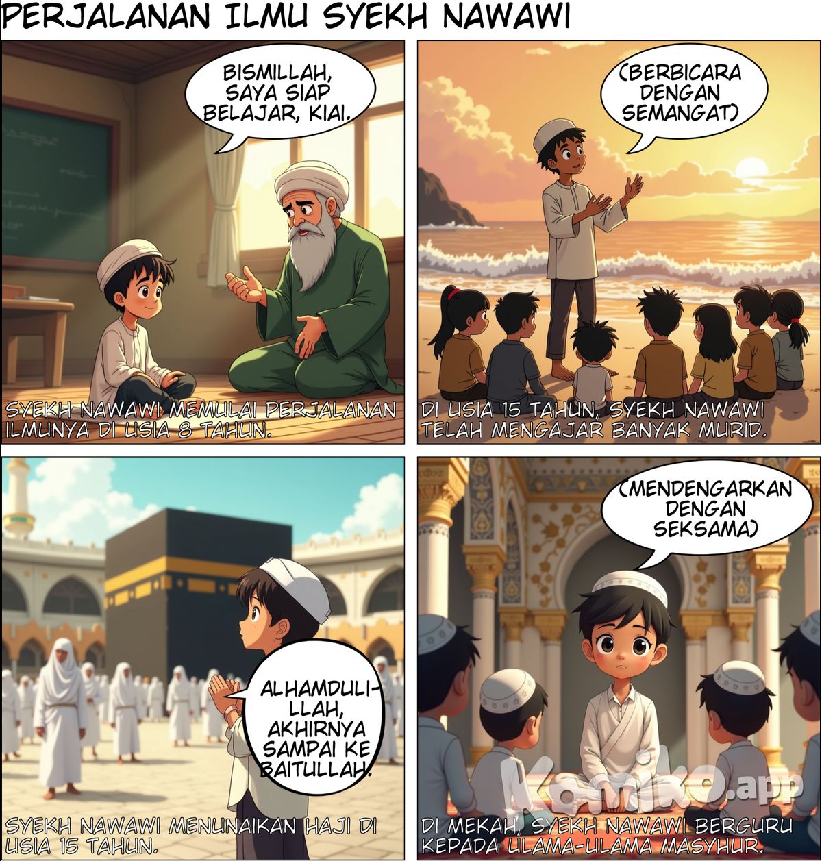 Pada usia delapan tahun bersama kedua adiknya Tamim dan Ahmad, Syekh Nawawi berguru kepada KH. Sahal. Salah seorang ulama terkenal di Banten pada saat itu.  Kemudian melanjutkan kegiatan menimba ilmu kepada Syekh Baing Yusuf Purwakarta. Di usianya yang belum genap lima belas tahun Syekh Nawawi telah mengajar banyak orang, sampai kemudian beliau mencari tempat di pinggir pantai agar lebih leluasa mengajar murid-murid yang kian hari makin bertambah banyak.  Baru setelah usianya mencapai lima belas tahun, Syekh Nawawi menunaikan haji. Beliau kemudian berguru kepada sejumlah ulama masyhur di Mekah pada saat itu.