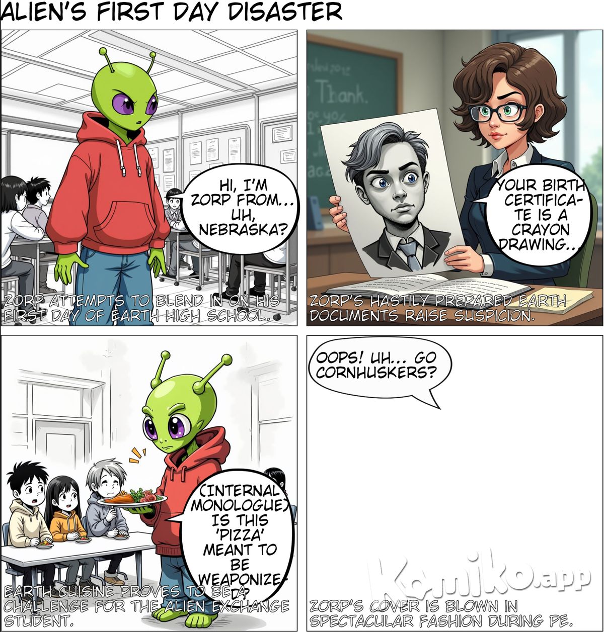 "Alien Exchange Student":  An alien teenager enrolls in an Earth high school as part of an intergalactic exchange program. Navigating teenage life while keeping his true identity a secret leads to comedic and heartfelt moments.