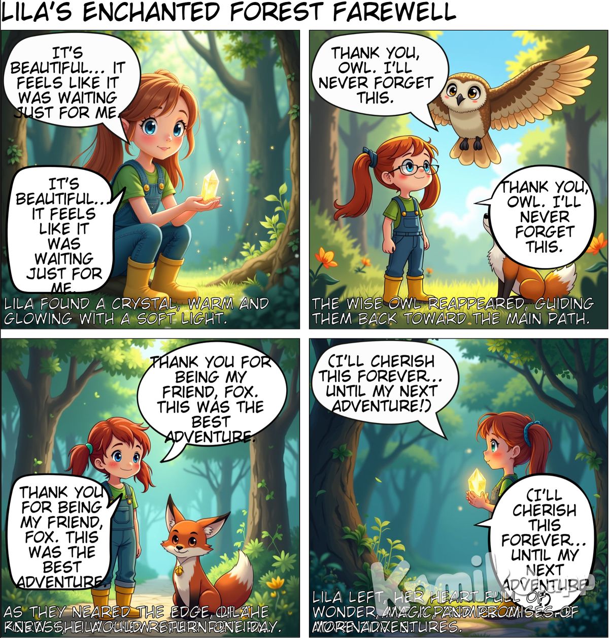 Page 17:  (Scene: Lila spots a small, glowing crystal half-buried in the ground. She picks it up and it fits perfectly in her hand.) Narration: "Lila found a crystal in the ground, warm and glowing with a soft light." Lila: "It’s beautiful... it feels like it was waiting just for me." Fox: "The forest gives treasures to those who cherish it."   ---  Page 18:  (Scene: As they prepare to leave the glen, they see the wise owl flying above, watching over them.) Narration: "The wise owl reappeared, guiding them back toward the main path." Owl: (Calling out) "Remember, the real magic lies in the heart and the memories you carry with you." Lila: "Thank you, Owl. I’ll never forget this."   ---  Page 19:  (Scene: They return to the forest’s edge where Lila first began her journey. She looks back, smiling.) Narration: "As they neared the edge of the forest, Lila knew she would return one day." Lila: "Thank you for being my friend, Fox. This was the best adventure." Fox: (Smiling) "The Whispering Woods will always welcome you back, Lila."   ---  Page 20:  (Scene: Lila stands at the forest’s edge, holding the glowing crystal and looking back with gratitude.) Narration: "Lila left the forest, her heart full of wonder, magic, and a promise of more adventures to come." Lila: (Thinking to herself) "I’ll cherish this forever... until my next adventure!"