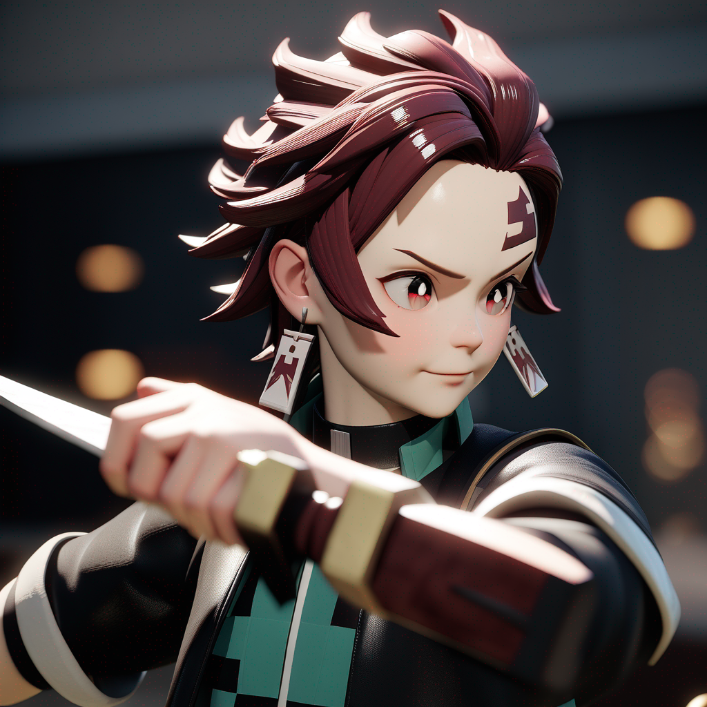 3d model, holding sword, upper body, Kamado Tanjirou