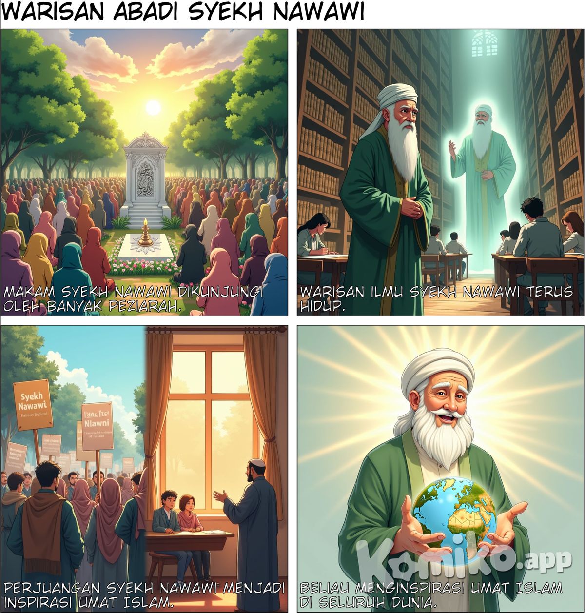 Panel 6: Wafat dan Warisan  Gambar: Makam Syekh Nawawi dikunjungi oleh banyak peziarah. Narasi: Meskipun telah wafat, warisan ilmu dan perjuangan Syekh Nawawi terus hidup. Beliau menjadi inspirasi bagi umat Islam di seluruh dunia.