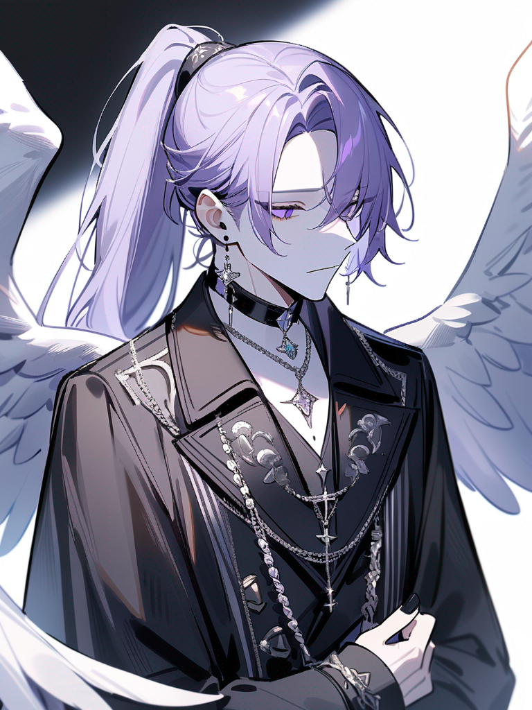 1male, white background, half body, long lavender hair in a high ponytail with an antique silver clasp, pale skin, angel wings, black nail polish, fitted black coat with subtle orbit embroidery, short navy cravat with a silver brooch, silver chain necklace with a pendant, silver earrings, purple eyeliner, white fur lining his cuffs and collar, cold and composed aesthetic, best quality, 4k, masterpiece, highres, detailed, amazing quality, rating: general