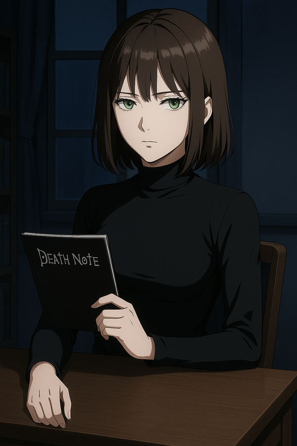 <angeline-Td2c>, death note, death note style, holding a Death Note, sitting on the desk, expressionless, upper body, night, room