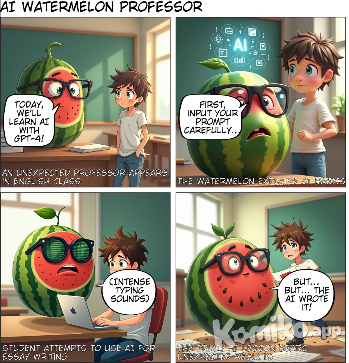 A watermelon wearing glasses taught me how to use AI technology in English class.