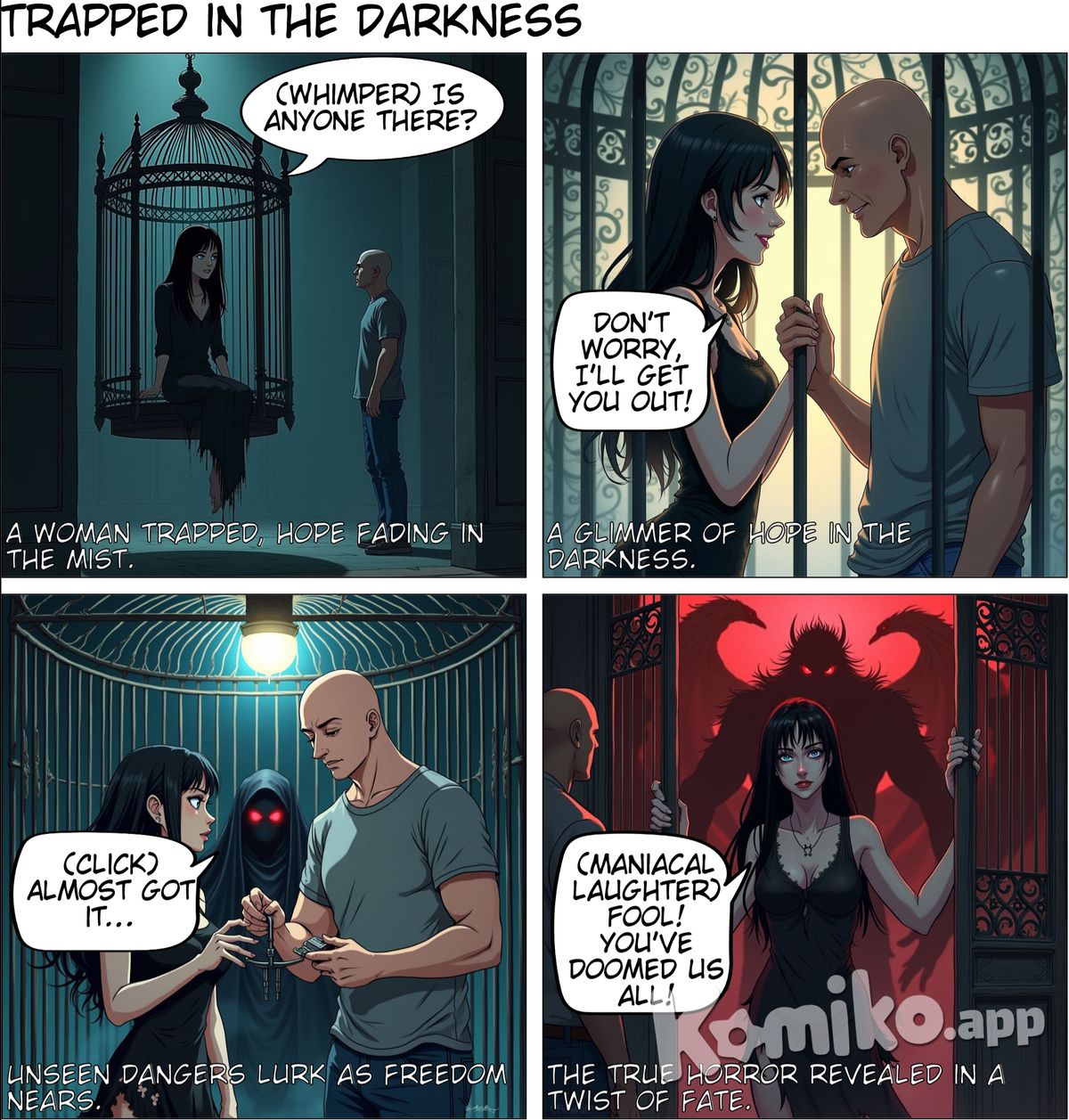 Title: Trapped in the Darkness Character 0 is Caged Woman, description: 30-year-old woman with long black hair till shoulder, piercing blue eyes, pale skin, wearing a tattered black  dress. Character 1 is Bald Rescuer, description: 40-year-old man, bald head, slightly overweight, wearing a gray t-shirt and jeans. A large ornate birdcage in a dimly lit, misty room. Caged Woman sits inside, looking forlorn. In the distance, Bald Rescuer's silhouette is barely visible. Dark, ominous atmosphere with faint, eerie lighting, anime style with soft pastel color and soft lighting Character 1 is Bald Rescuer, description: 40-year-old man, bald head, slightly overweight, wearing a gray t-shirt and jeans. Close-up of Caged Woman and Bald Rescuer touching hands through the cage bars. Both smiling warmly. The cage is still prominent, surrounded by swirling mists. Soft, warm lighting on their faces, anime style with soft pastel color and soft lighting Character 2 is Shadow Demons, description: Amorphous dark entities with glowing red eyes and smoky tendrils. Bald Rescuer working on the cage's padlock with a lock pick. Caged Woman watches anxiously. Behind her, dark, smoky tendrils of Shadow Demons begin to form. The cage is illuminated by a single overhead light, anime style with soft pastel color and soft lighting Character 3 is Shadow Demons, description: Amorphous dark entities with glowing red eyes and smoky tendrils. Bald Rescuer opens the cage door. Caged Woman's face contorts with evil, eyes glowing red. Massive Shadow Demons loom behind her, filling the background. The room is bathed in an ominous red glow, anime style with soft pastel color and soft lighting