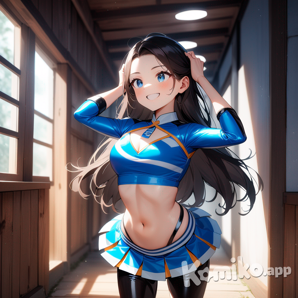 A dynamic and vibrant photograph captures a young woman cheerleader radiating confidence in a rustic hallway. Standing with her hands firmly on her hips, elbows apart, and a radiant smile, she tilts her head, revealing a striking latex cheerleader outfit with the word "Arcy" emblazoned across the chest. The outfit, a bright blue crop top and a high-waisted purple pleated miniskirt with bold stripes, contrasts sharply with the hallway's weathered wooden walls, while her straight-cut black hair with bangs. At her feet, the text "Luis Arcy" and golden musical notes add a touch of elegance and mystery.