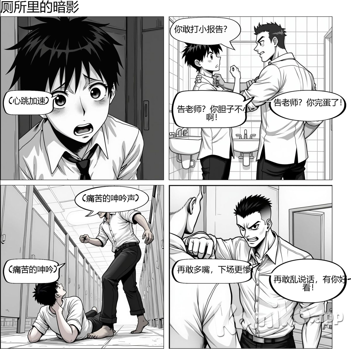 阿志（17岁男高中生，不带眼镜）因为被看到跟老师告状在厕所遭到凶狠的男同学殴打并被警告再敢有什么小动作下场会更惨