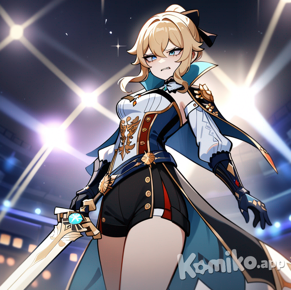 Jean (Genshin Impact), Genshin Impact style, 2.5d style, holding sword, evil smile, disappointed, lace, little black dress, stage, stage light, cowboy shot