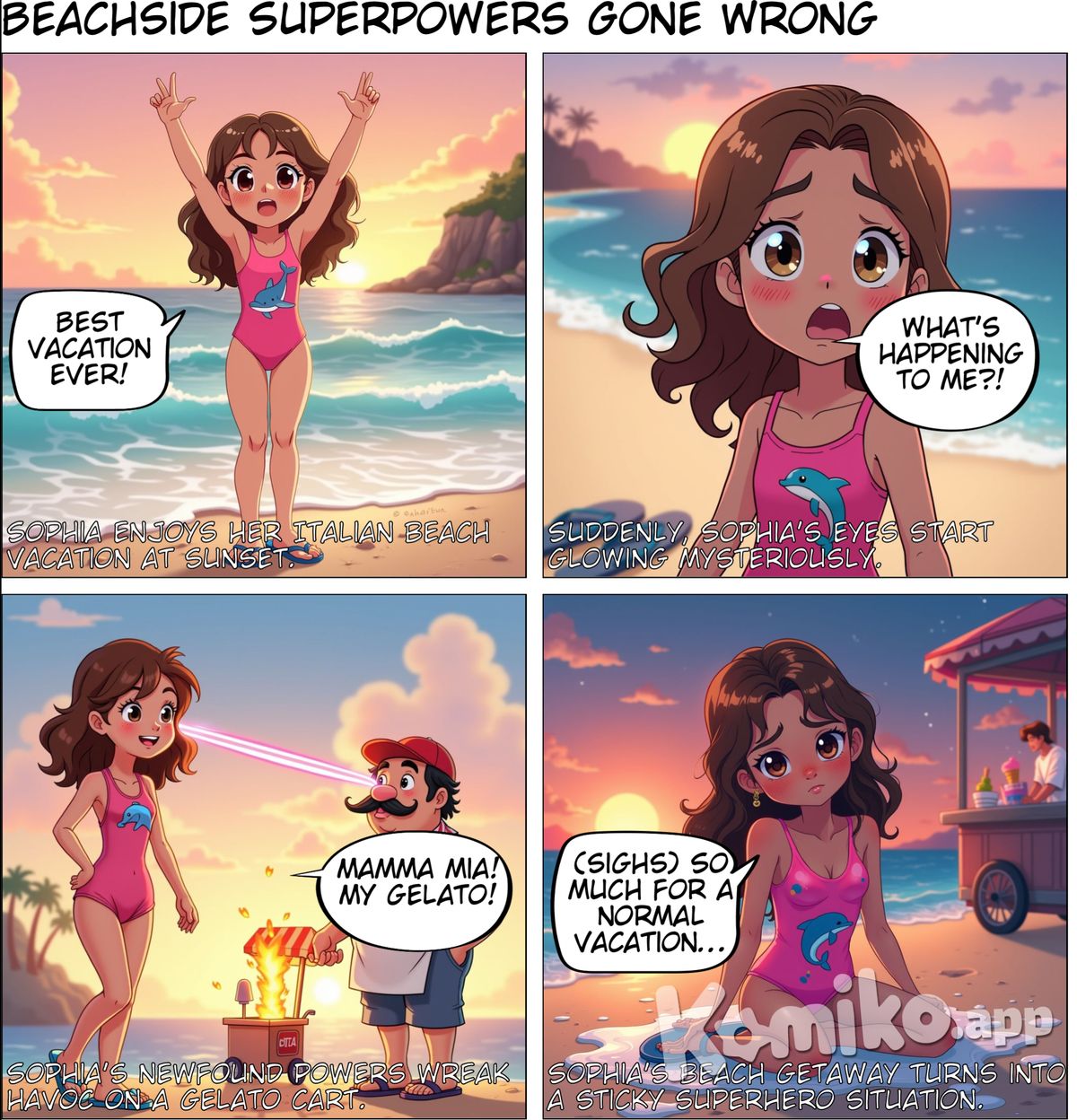 A 13 year old girl with brown wavy hair and brown eyes is at the beach in Italy around sunset time, she was having nice vacation until she finds out she has powers