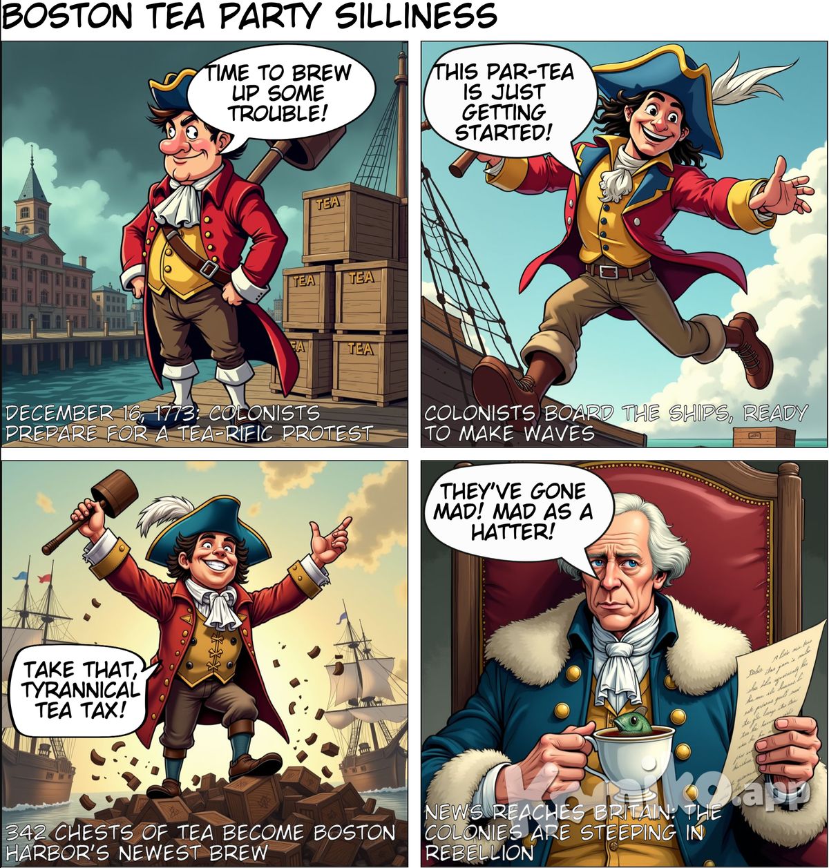 comic strip that has 4 sections about the boston tea party with text bubbles and captions in legible english, with characters in a silly cartoon style that makes sense and is accurate to history
