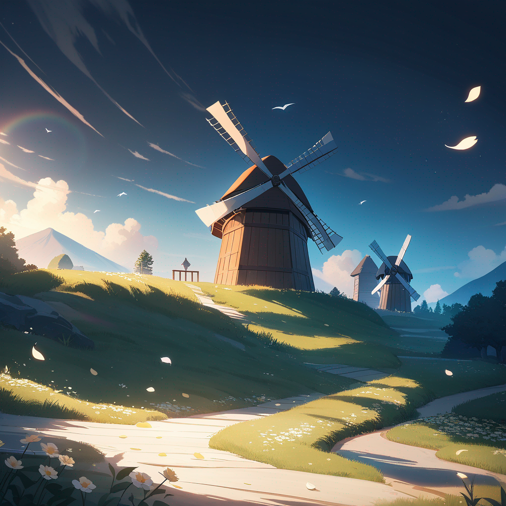 A tall wooden windmill stands near a small hill, its large blades turning slowly in the wind. Birds rest on the beams as flower petals drift through the air. The sound of the stream can be seen rippling gently nearby.
Animation Style: Serene anime-American, with dreamy lighting, long shadows, and hand-painted background feel.